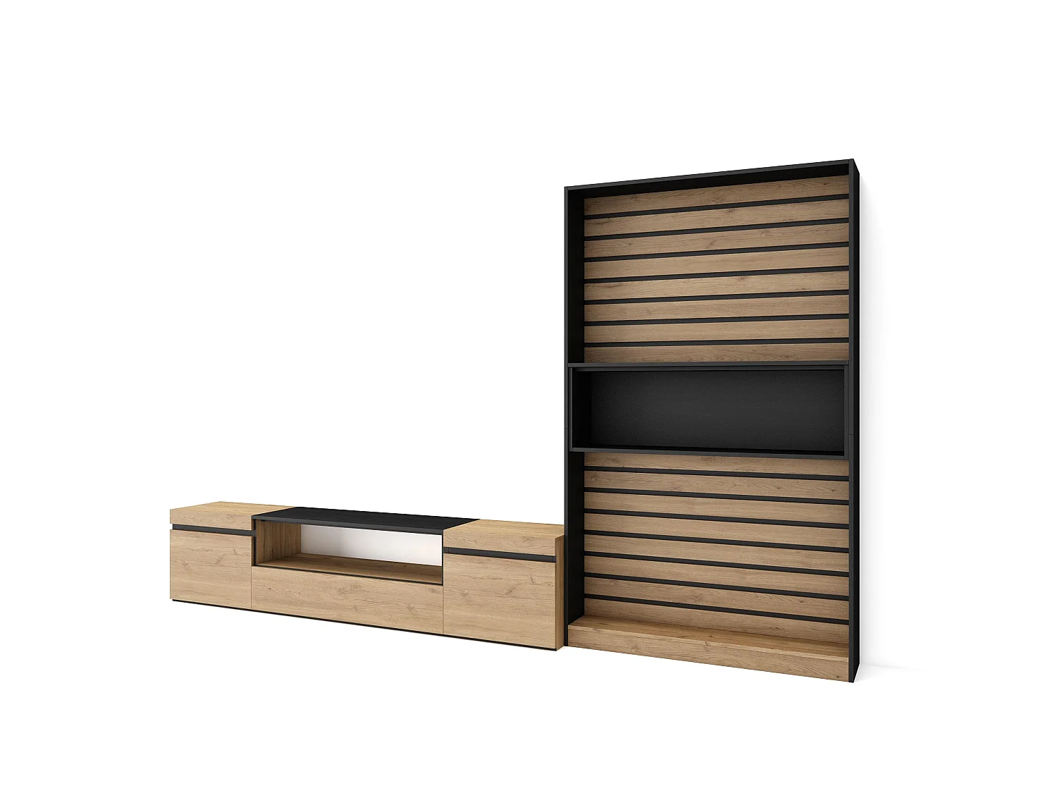 Wohnwand Wohnzimmer, 310x35x186cm, Für TV-Geräte bis zu 80", Wohnzimmer Möbel , Eiche Schwarz