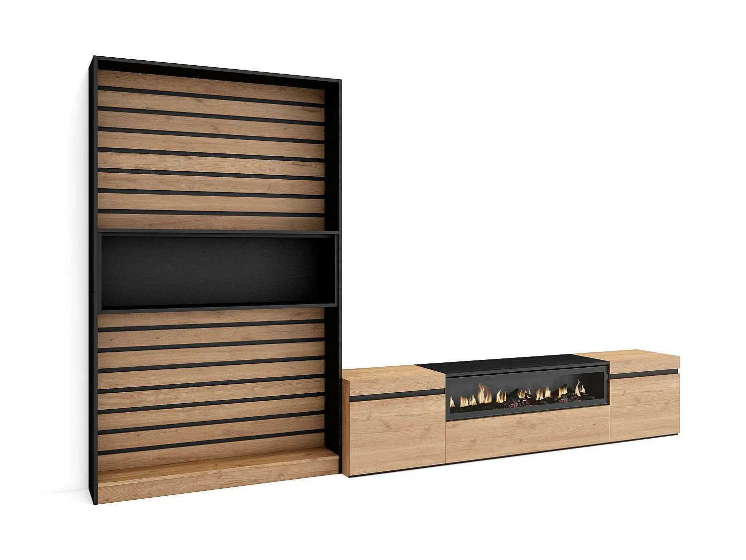 Ensemble Meuble TV, 310x35x186cm, Pour les TV jusqu'à 80", Cheminée électrique, Chêne et noir