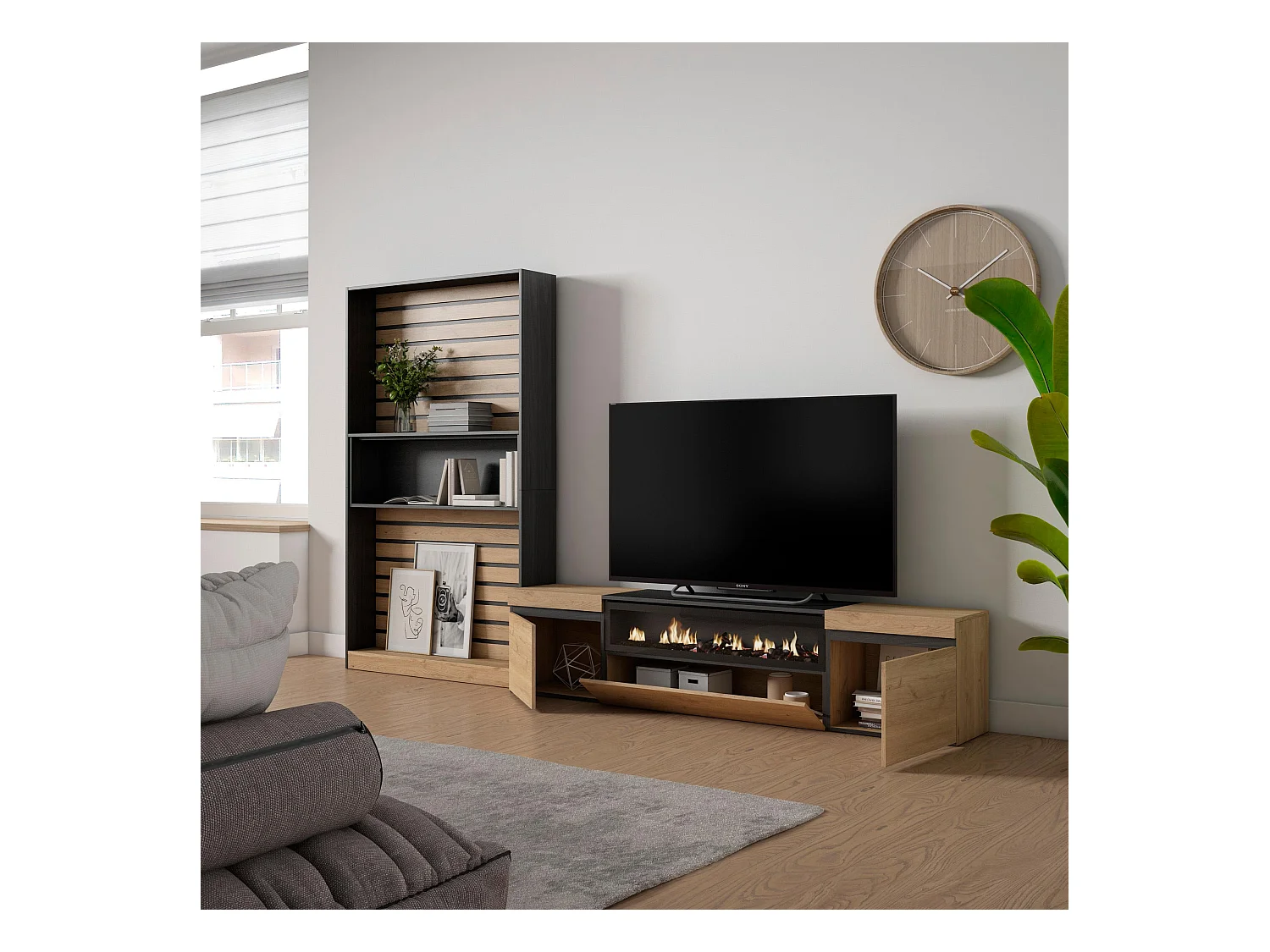 Ensemble Meuble TV, 310x35x186cm, Pour les TV jusqu'à 80", Cheminée électrique, Chêne et noir