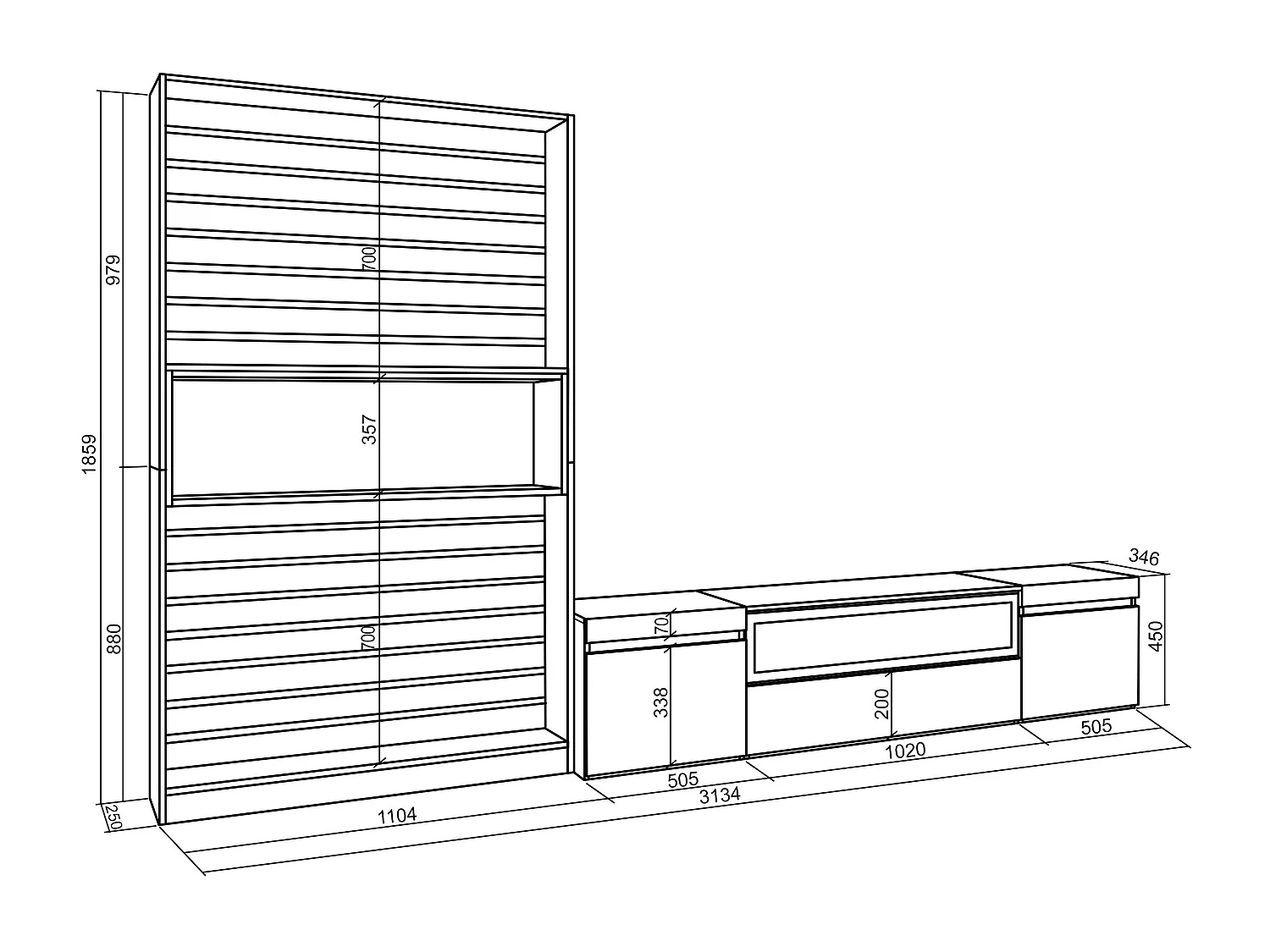 Meubels voor woonkamer, 310x35x186cm, Voor tv's tot 80", Elektrische haard, Eiken/Zwart