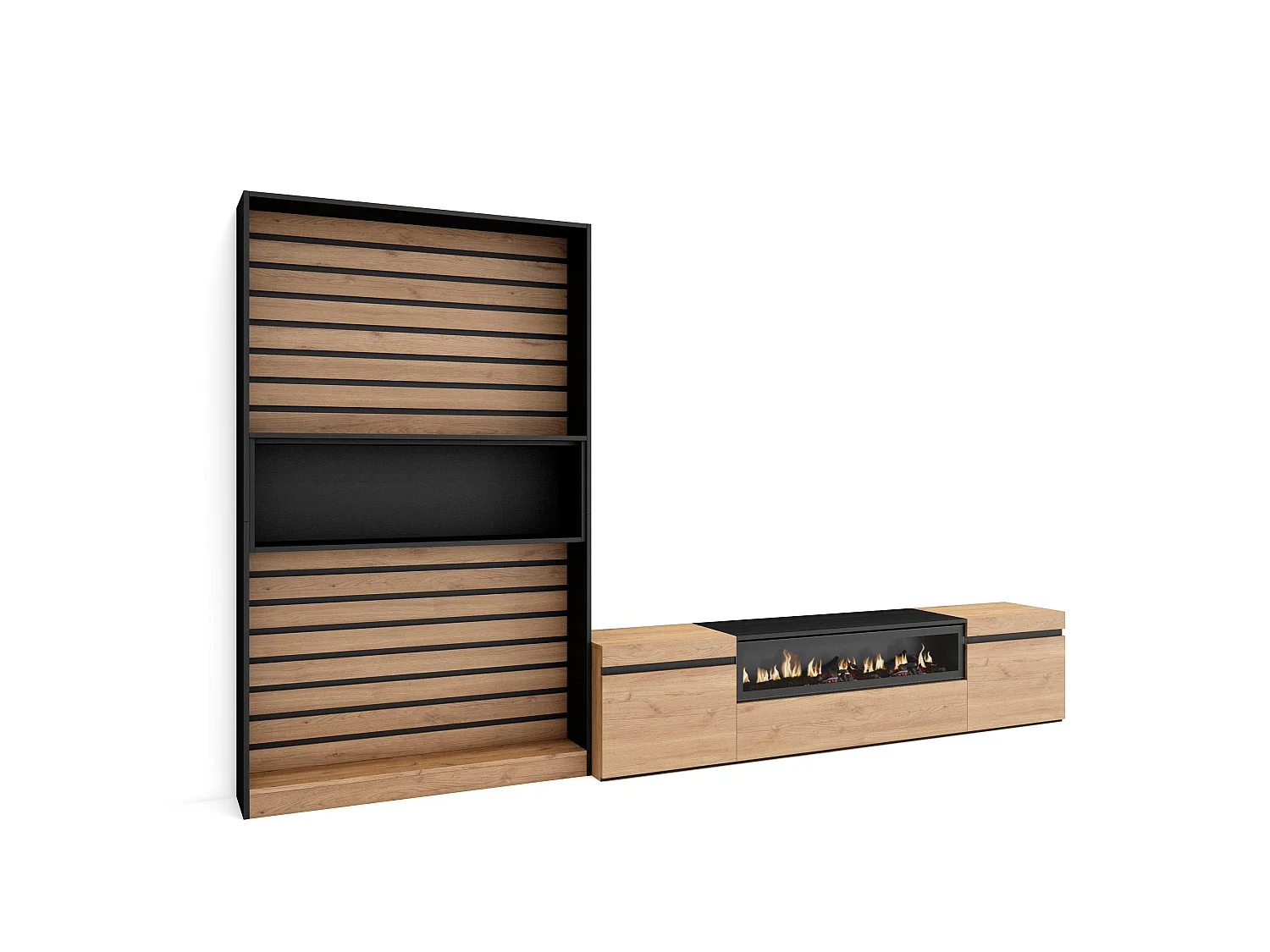 Ensemble Meuble TV, 310x35x186cm, Pour les TV jusqu'à 80", Cheminée électrique, Chêne et noir