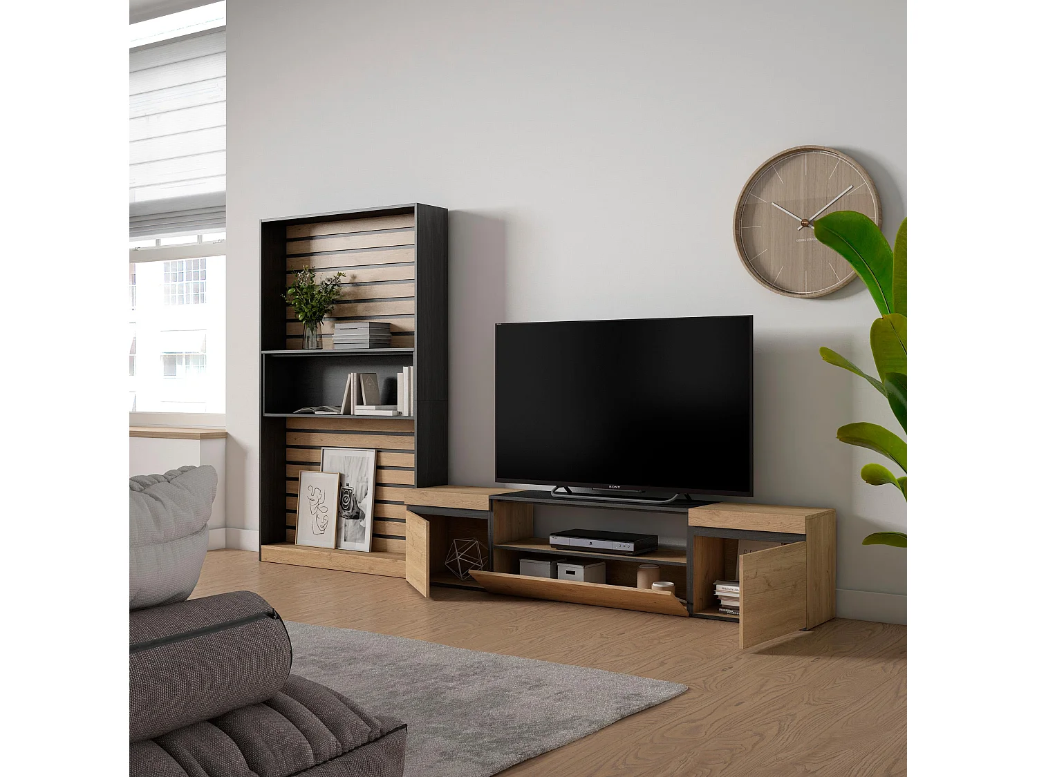 Meubels voor woonkamer, 310x35x186cm, Voor tv's tot 80", TV-Tafel, Eiken/Zwart
