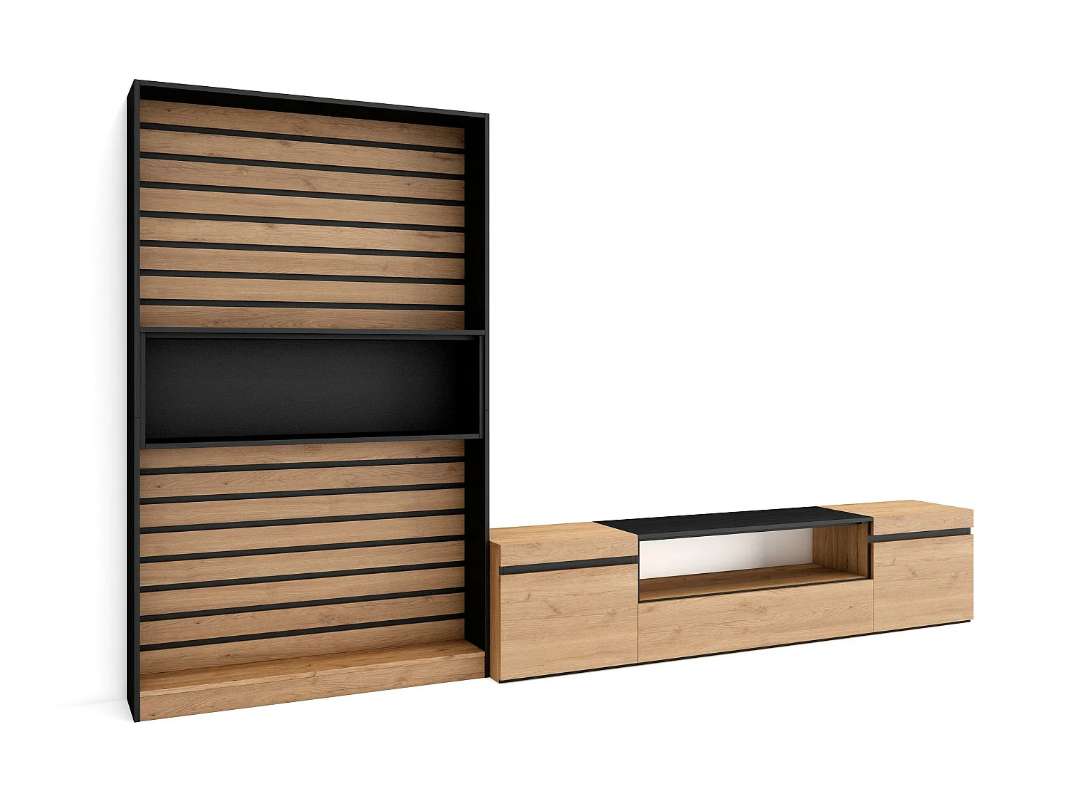 Ensemble Meuble TV, 310x35x186cm, Pour les TV jusqu'à 80", Salon Complet, Chêne et noir