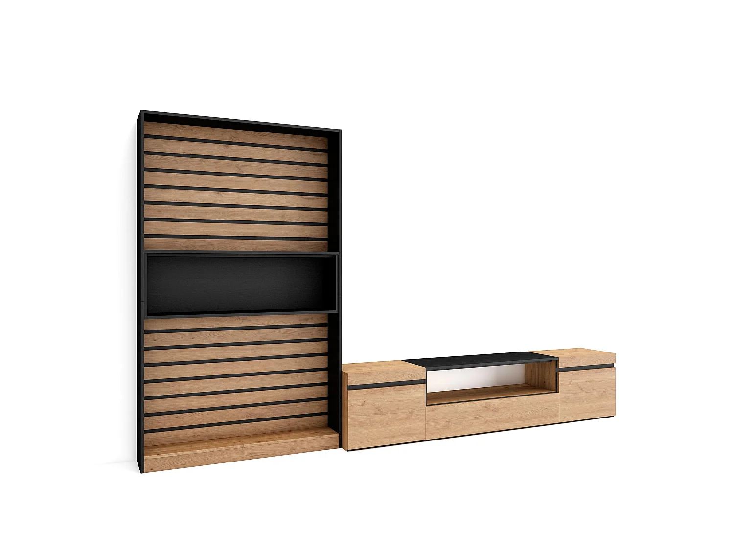 Ensemble Meuble TV, 310x35x186cm, Pour les TV jusqu'à 80", Salon Complet, Chêne et noir