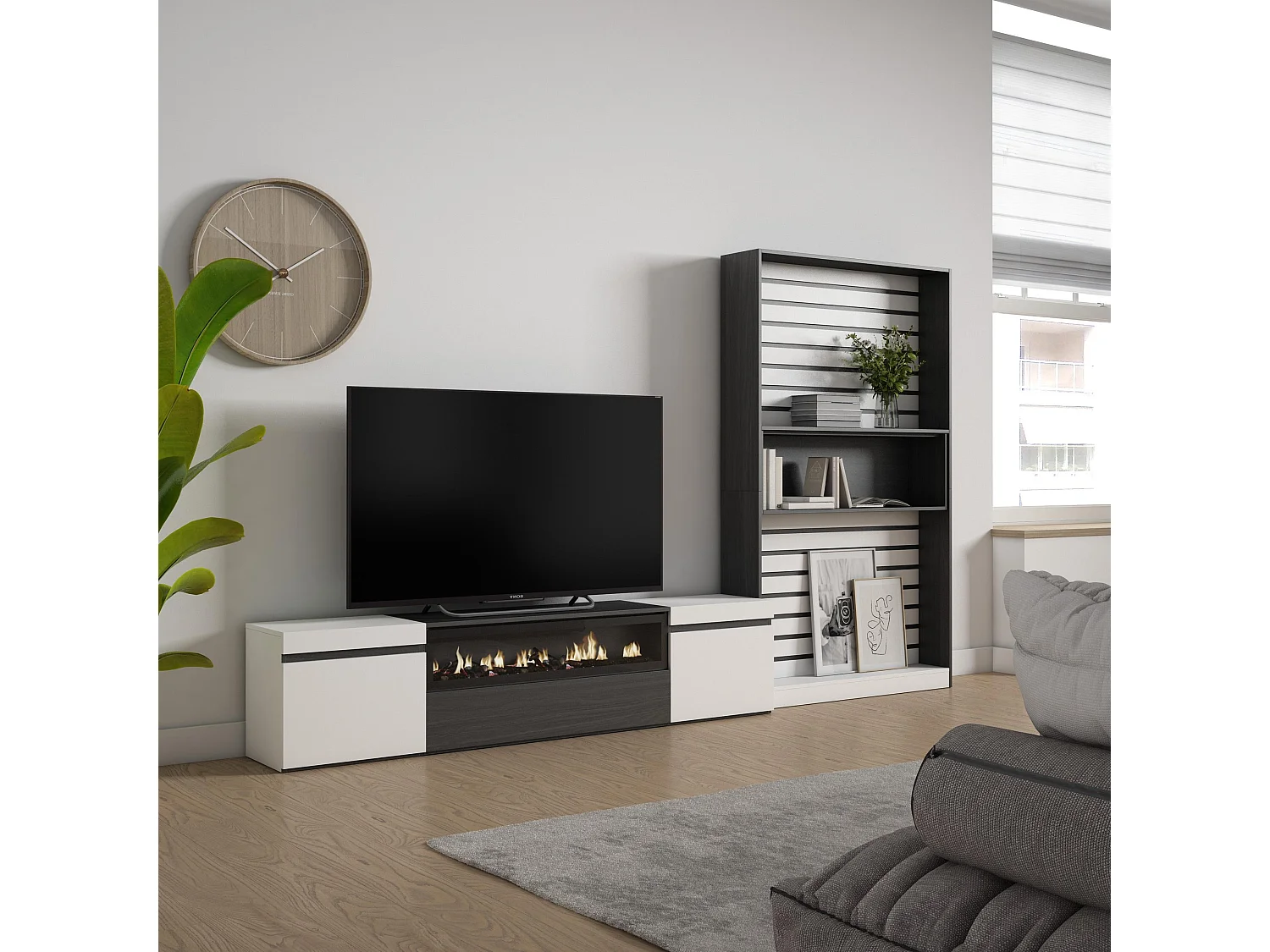 Ensemble Meuble TV, 310x35x186cm, Pour les TV jusqu'à 80", Cheminée électrique, Blanc et noir