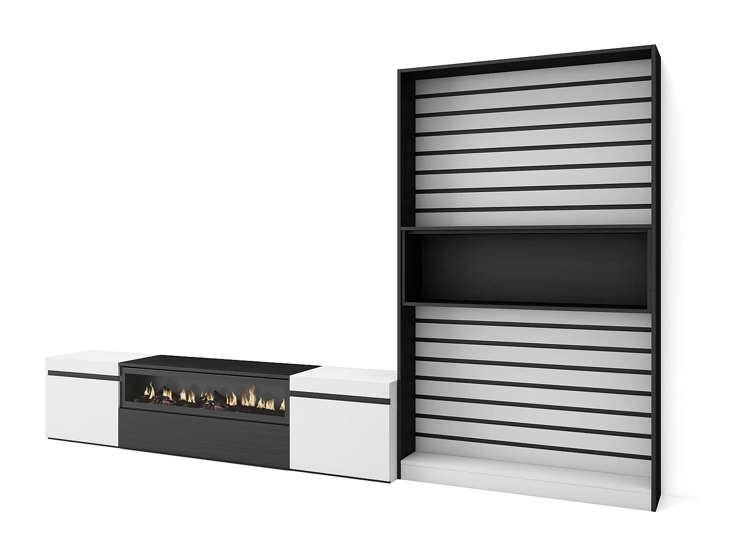 Ensemble Meuble TV, 310x35x186cm, Pour les TV jusqu'à 80", Cheminée électrique, Blanc et noir