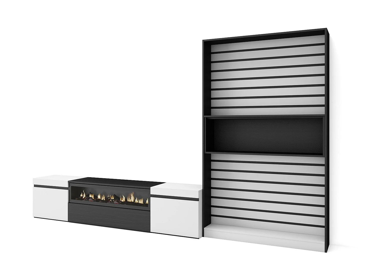 Ensemble Meuble TV, 310x35x186cm, Pour les TV jusqu'à 80", Cheminée électrique, Blanc et noir