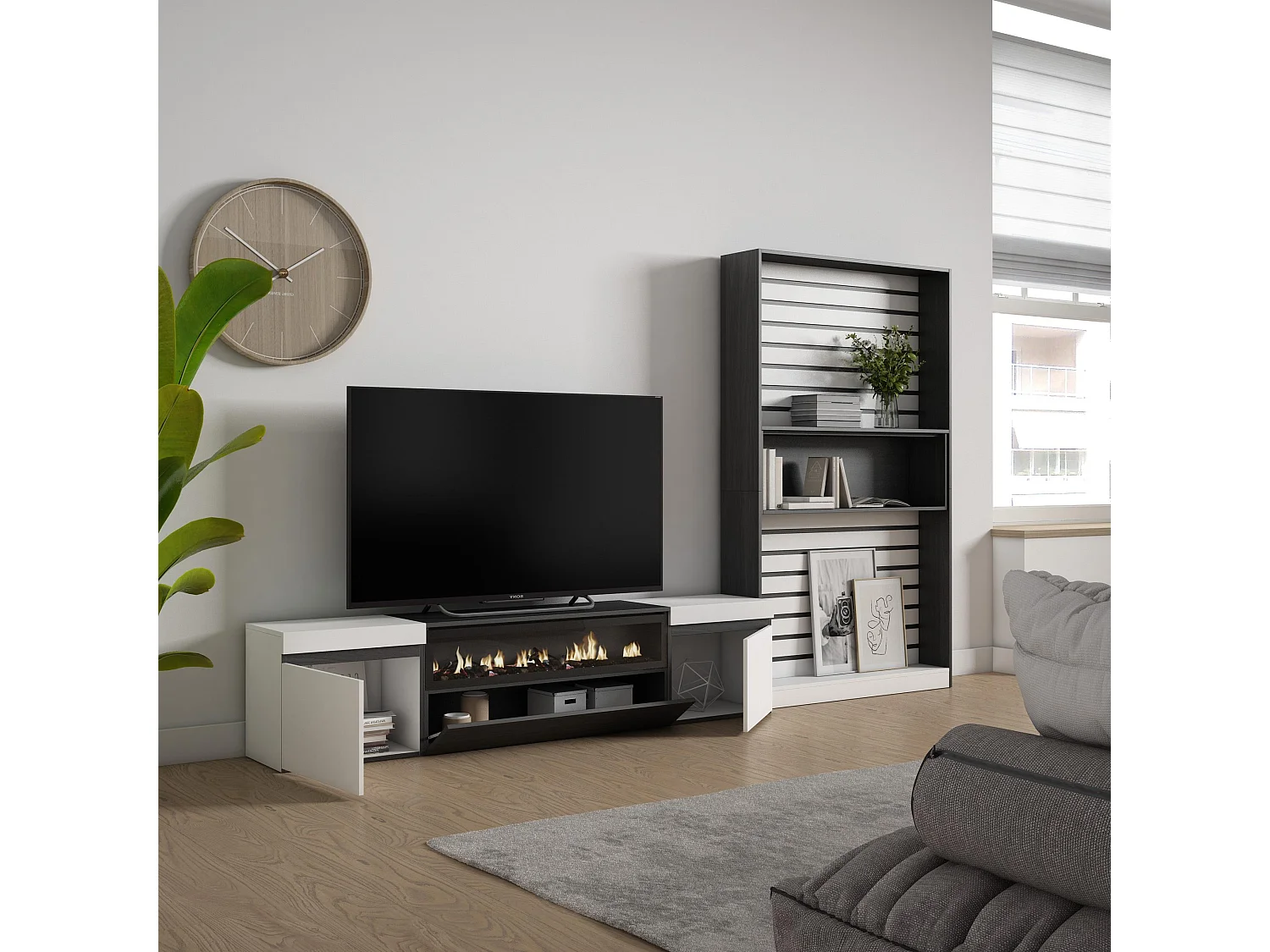 Meubels voor woonkamer, 310x35x186cm, Voor tv's tot 80", Elektrische haard, Wit en Zwart