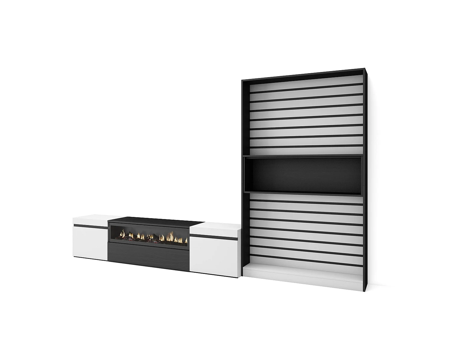 Meubels voor woonkamer, 310x35x186cm, Voor tv's tot 80", Elektrische haard, Wit en Zwart