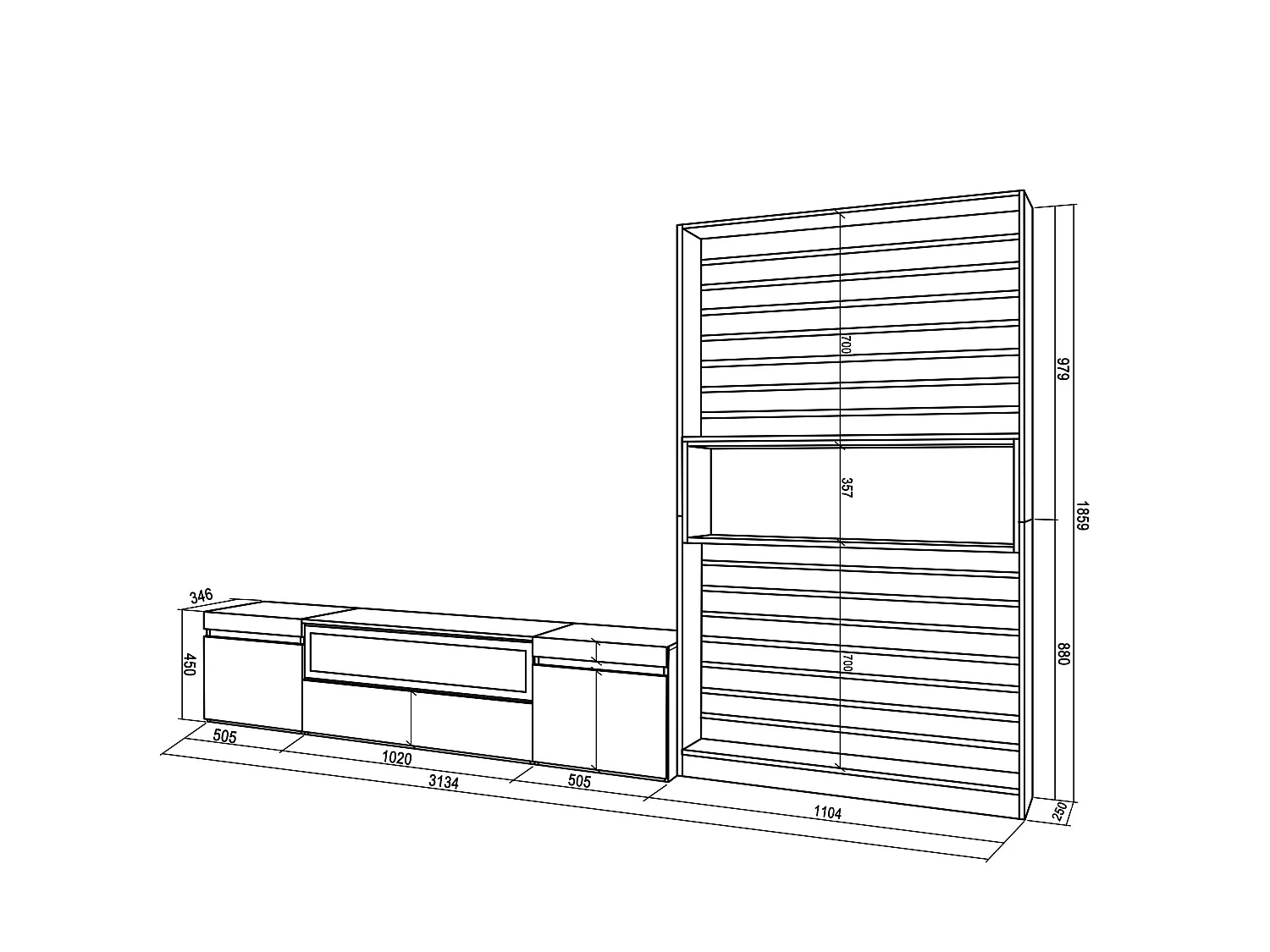 Meubels voor woonkamer, 310x35x186cm, Voor tv's tot 80", Elektrische haard, Wit en Zwart