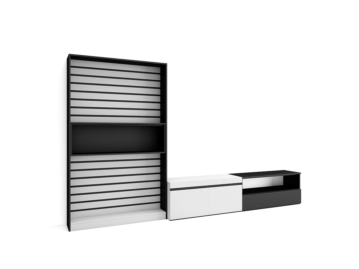 Wohnwand Wohnzimmer, 310x35x186cm, Für TV-Geräte bis zu 80", Wohnzimmer Möbel , Weiß und Schwarz