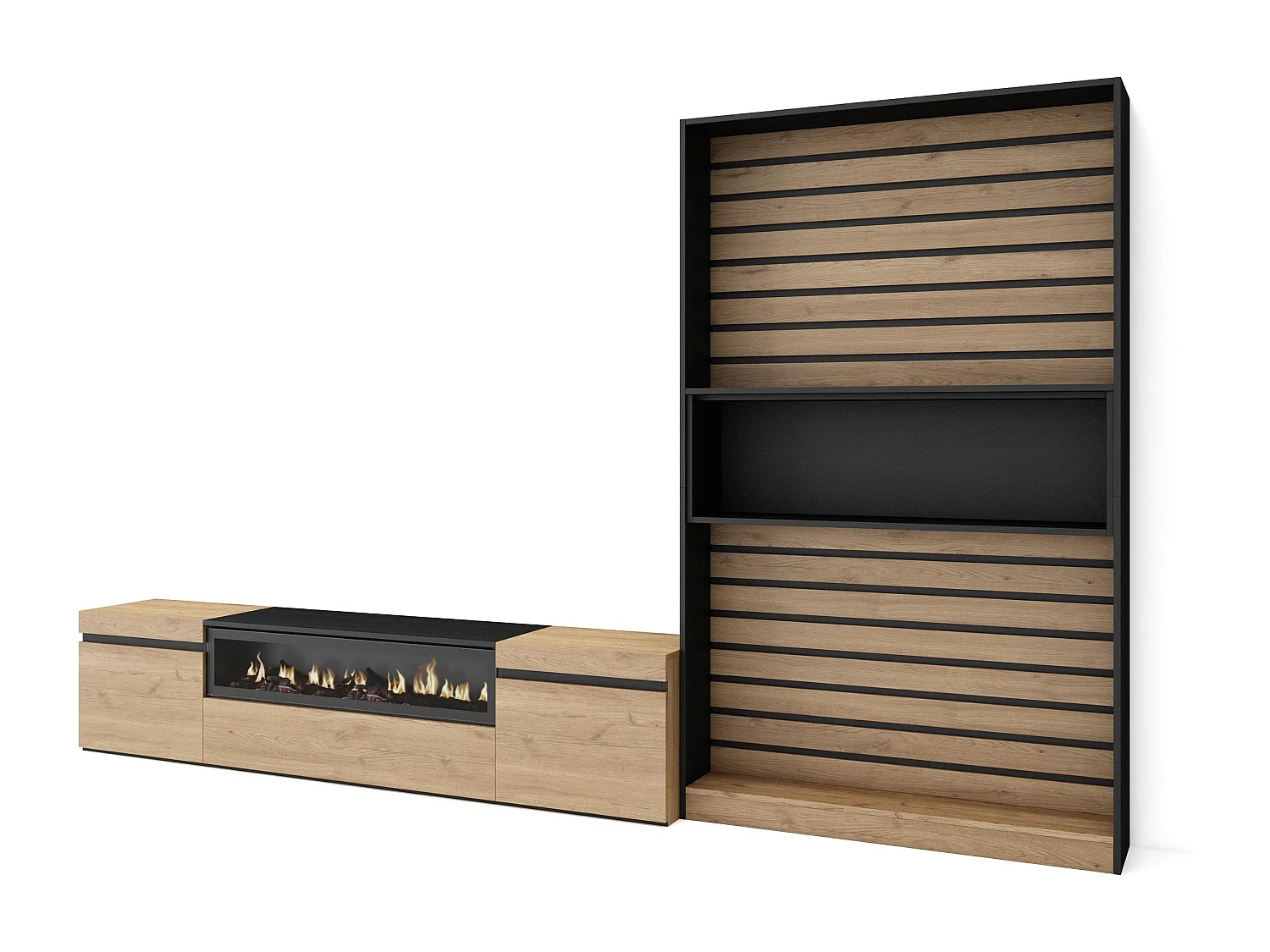 Ensemble Meuble TV, 310x35x186cm, Pour les TV jusqu'à 80", Cheminée électrique, Chêne et noir