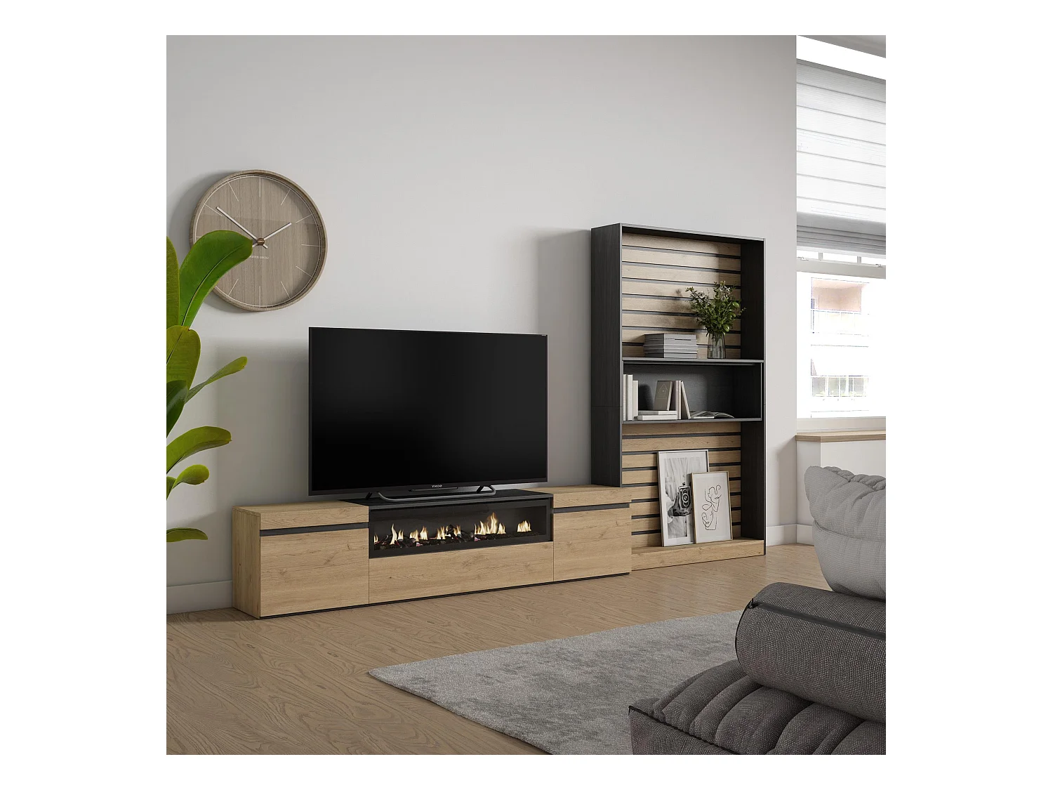 Meubels voor woonkamer, 310x35x186cm, Voor tv's tot 80", Elektrische haard, Eiken/Zwart