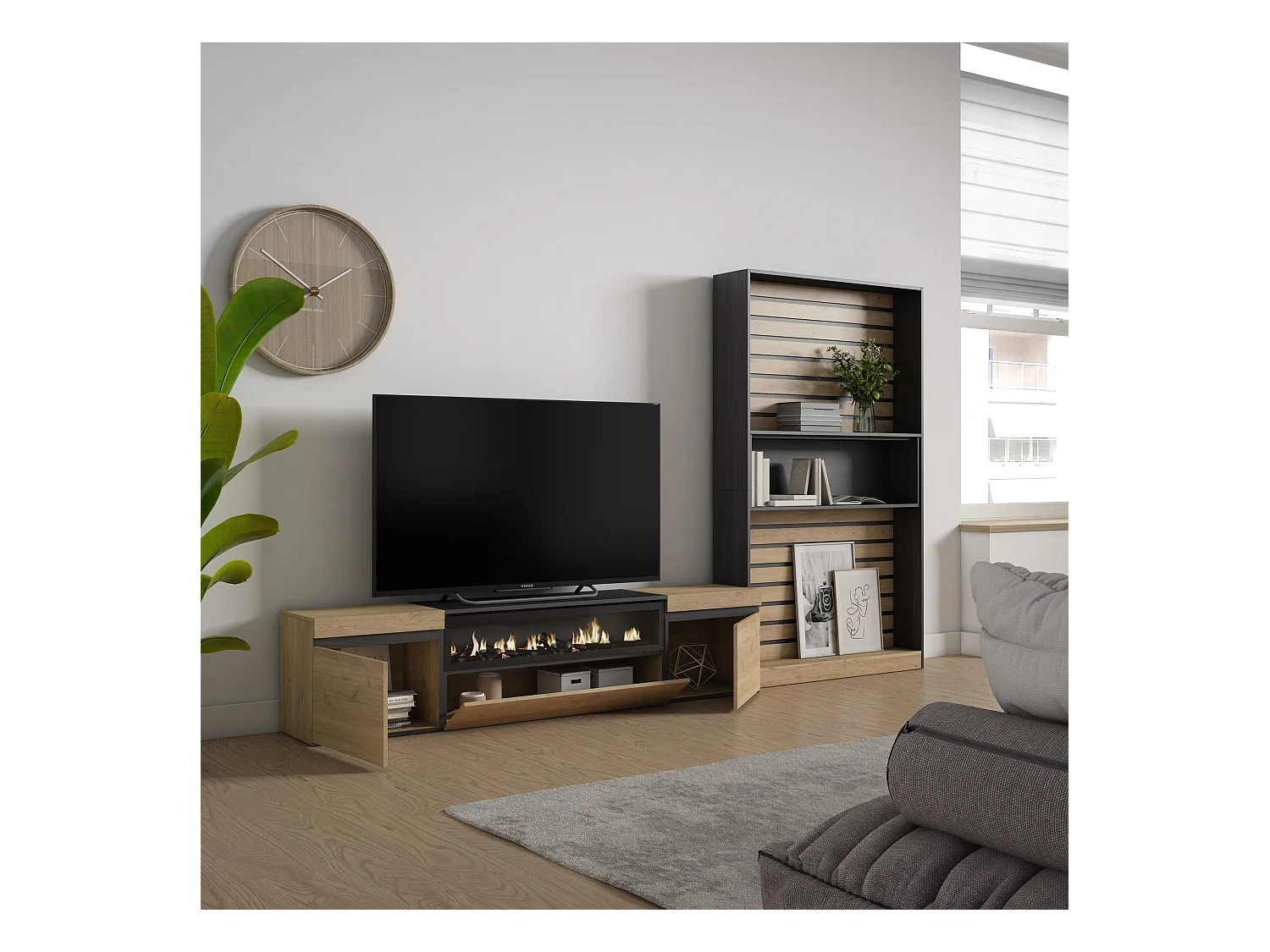 Meubels voor woonkamer, 310x35x186cm, Voor tv's tot 80", Elektrische haard, Eiken/Zwart