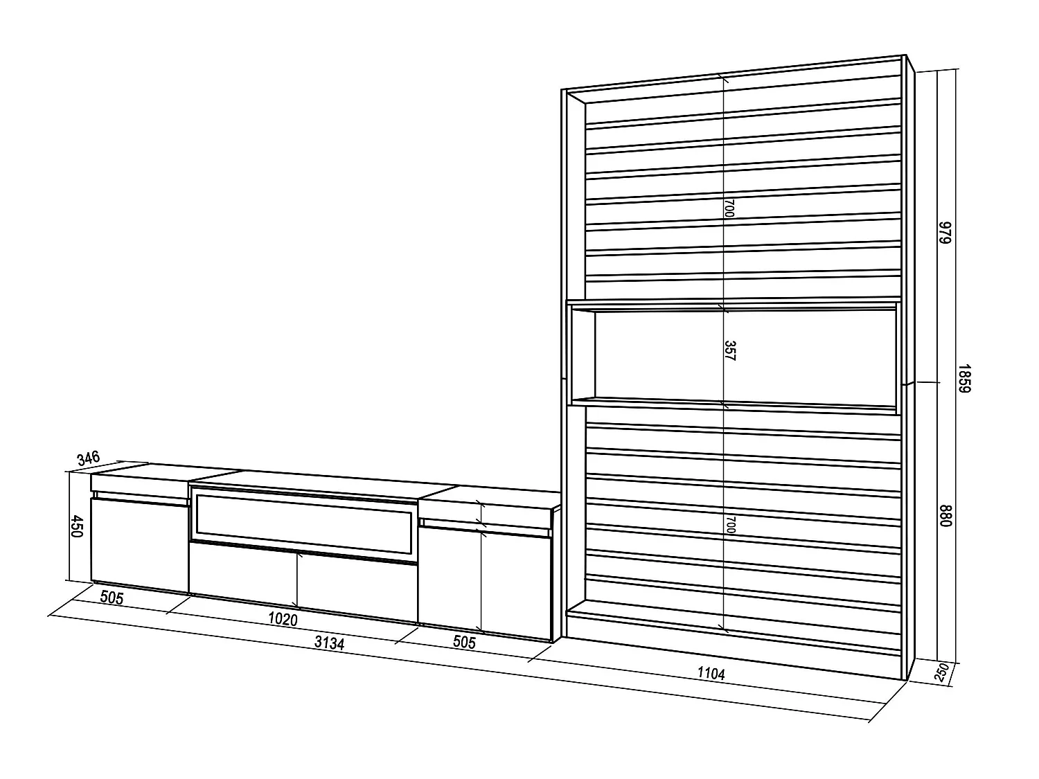 Meubels voor woonkamer, 310x35x186cm, Voor tv's tot 80", Elektrische haard, Eiken/Zwart