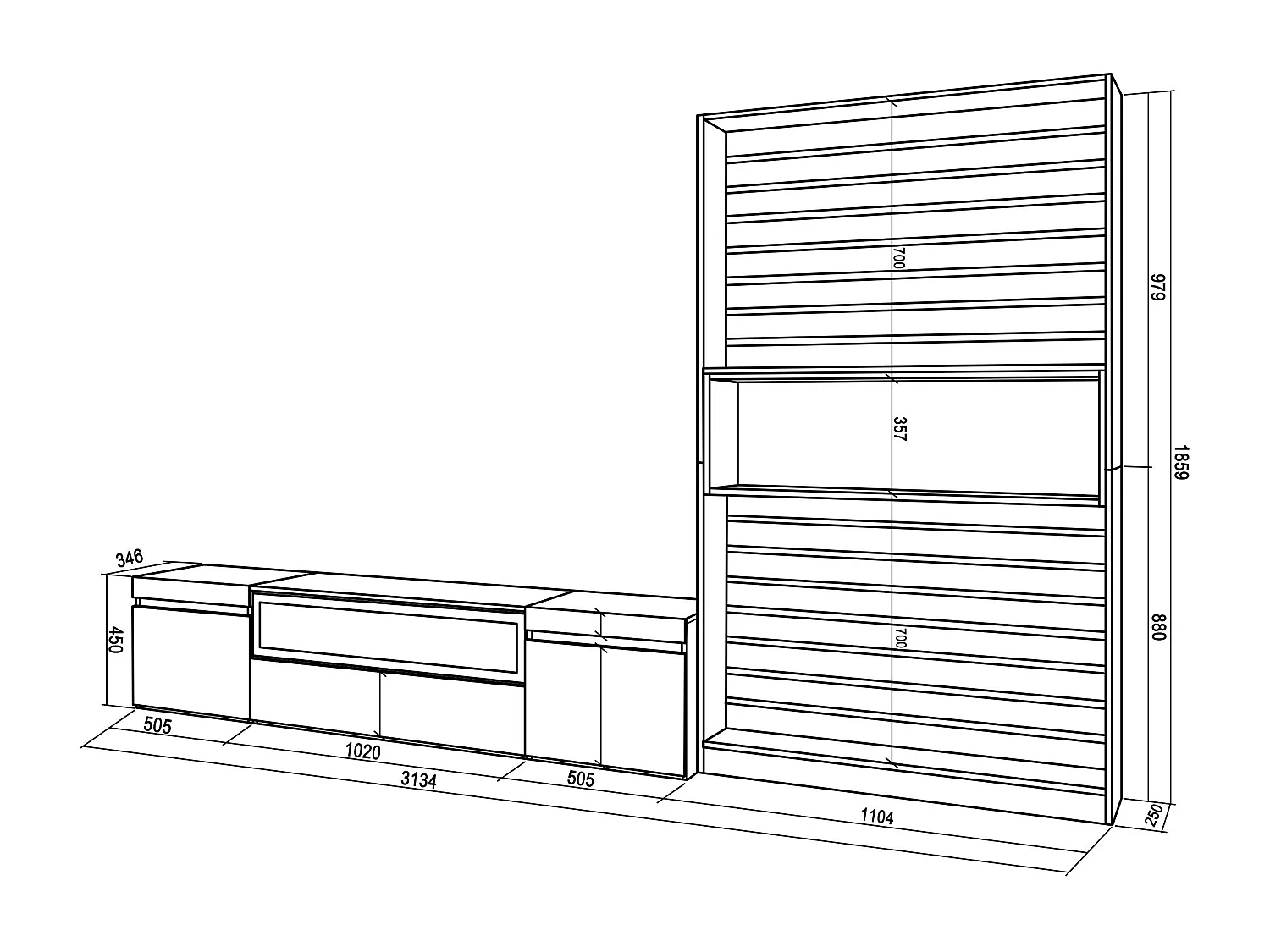 Ensemble Meuble TV, 310x35x186cm, Pour les TV jusqu'à 80", Cheminée électrique, Chêne et noir