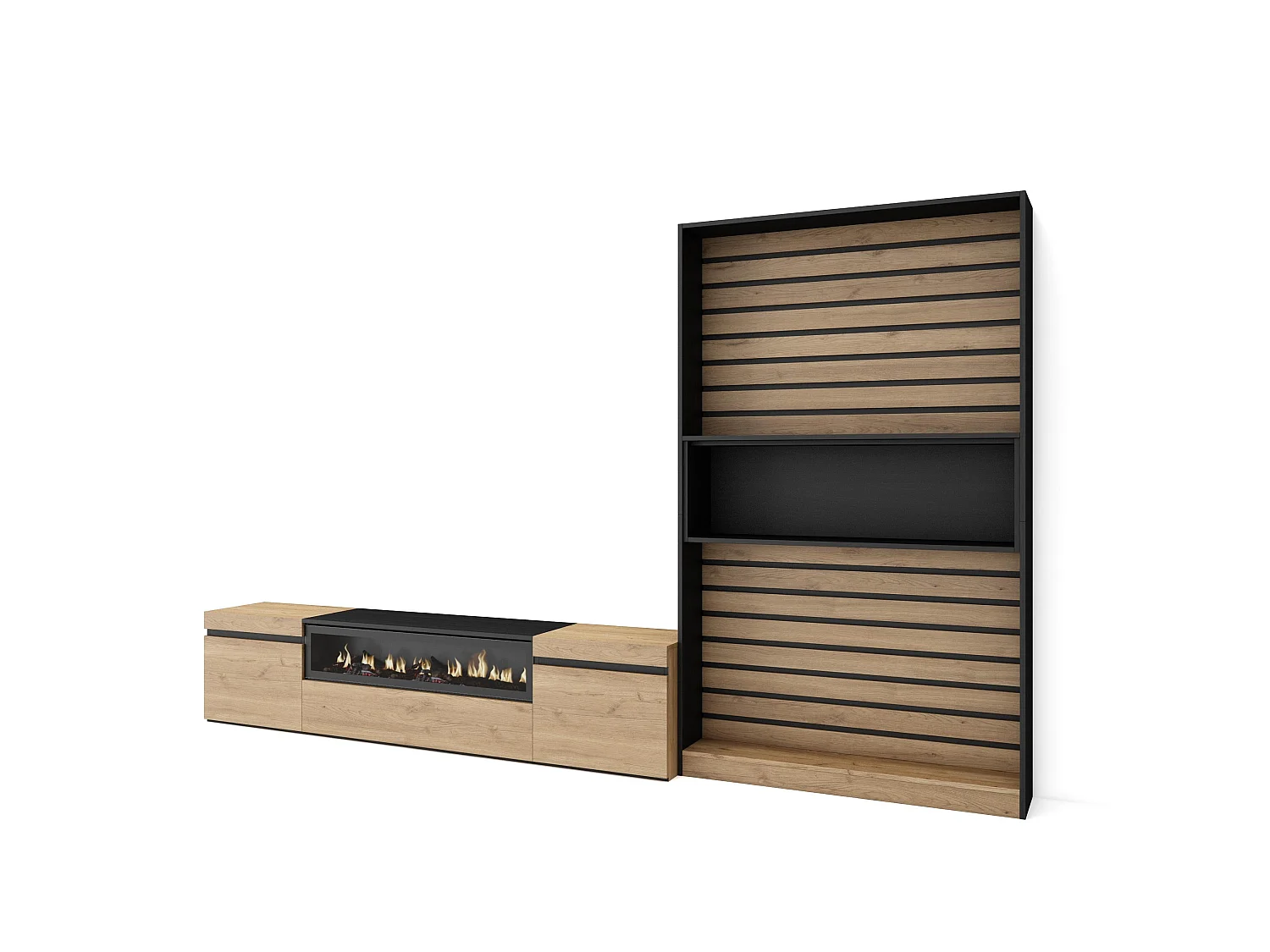 Ensemble Meuble TV, 310x35x186cm, Pour les TV jusqu'à 80", Cheminée électrique, Chêne et noir