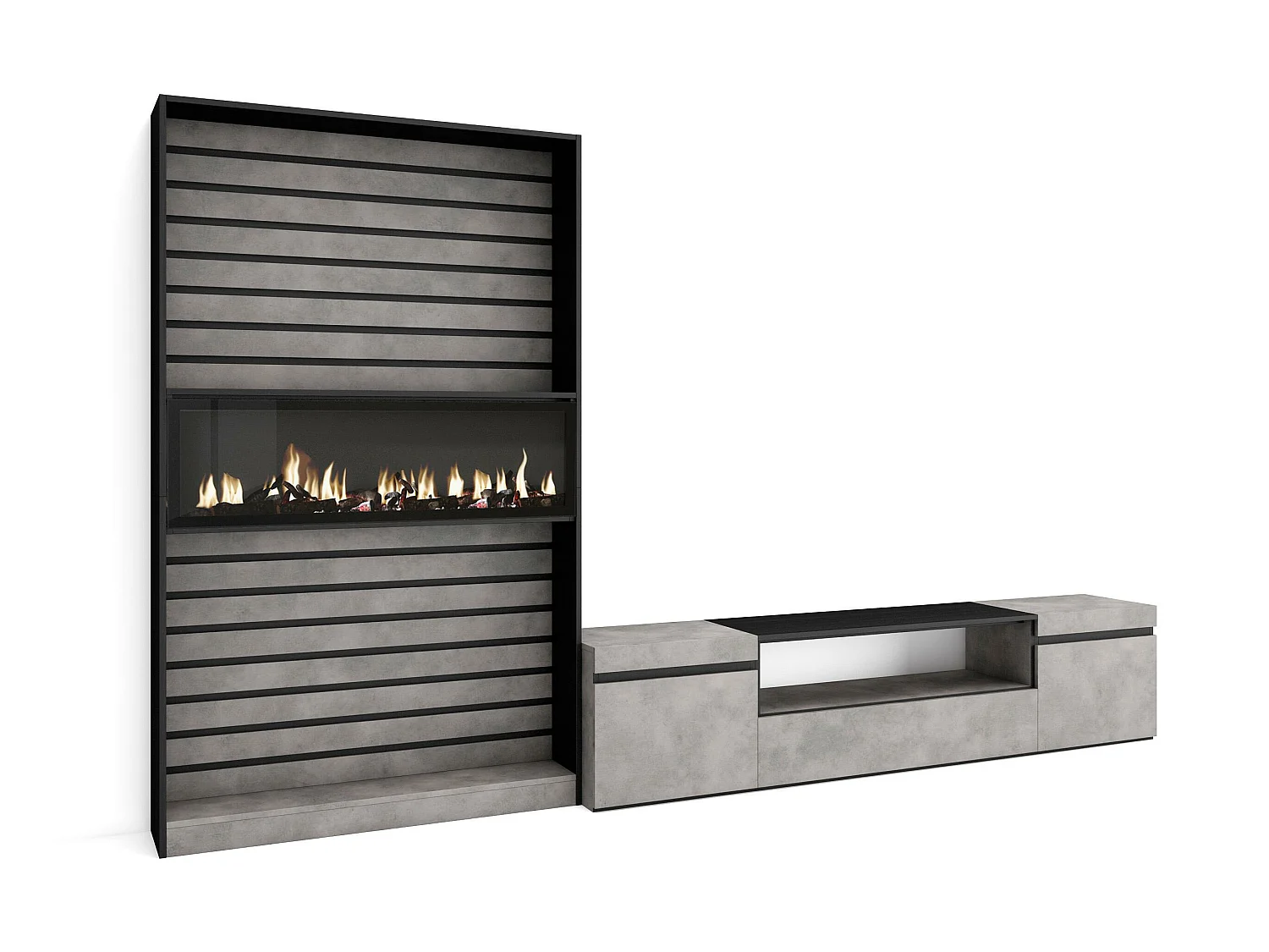 Ensemble Meuble TV, 310x186x35cm, Pour les TV jusqu'à 80", Cheminée électrique, Ciment