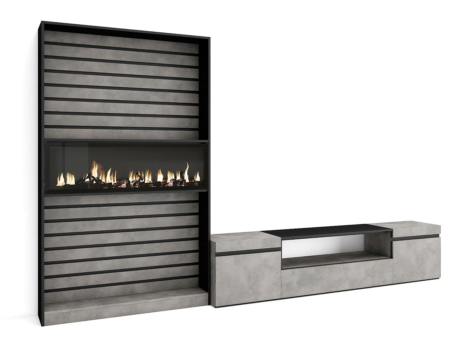 Conjunto de móveis TV, 310x186x35cm, Para televisores até 80", Lareira eléctrica, Cimento