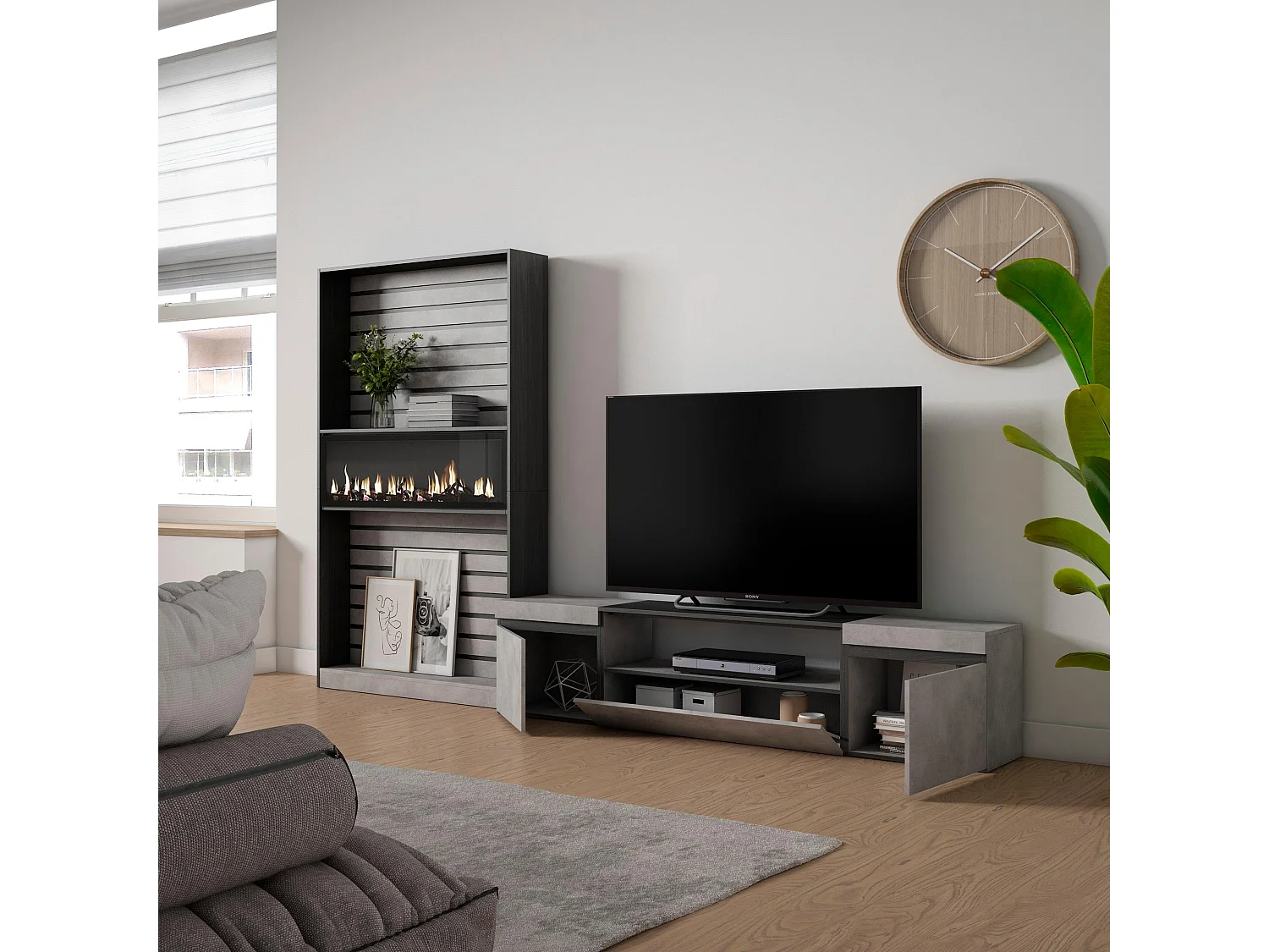 Conjunto de móveis TV, 310x186x35cm, Para televisores até 80", Lareira eléctrica, Cimento