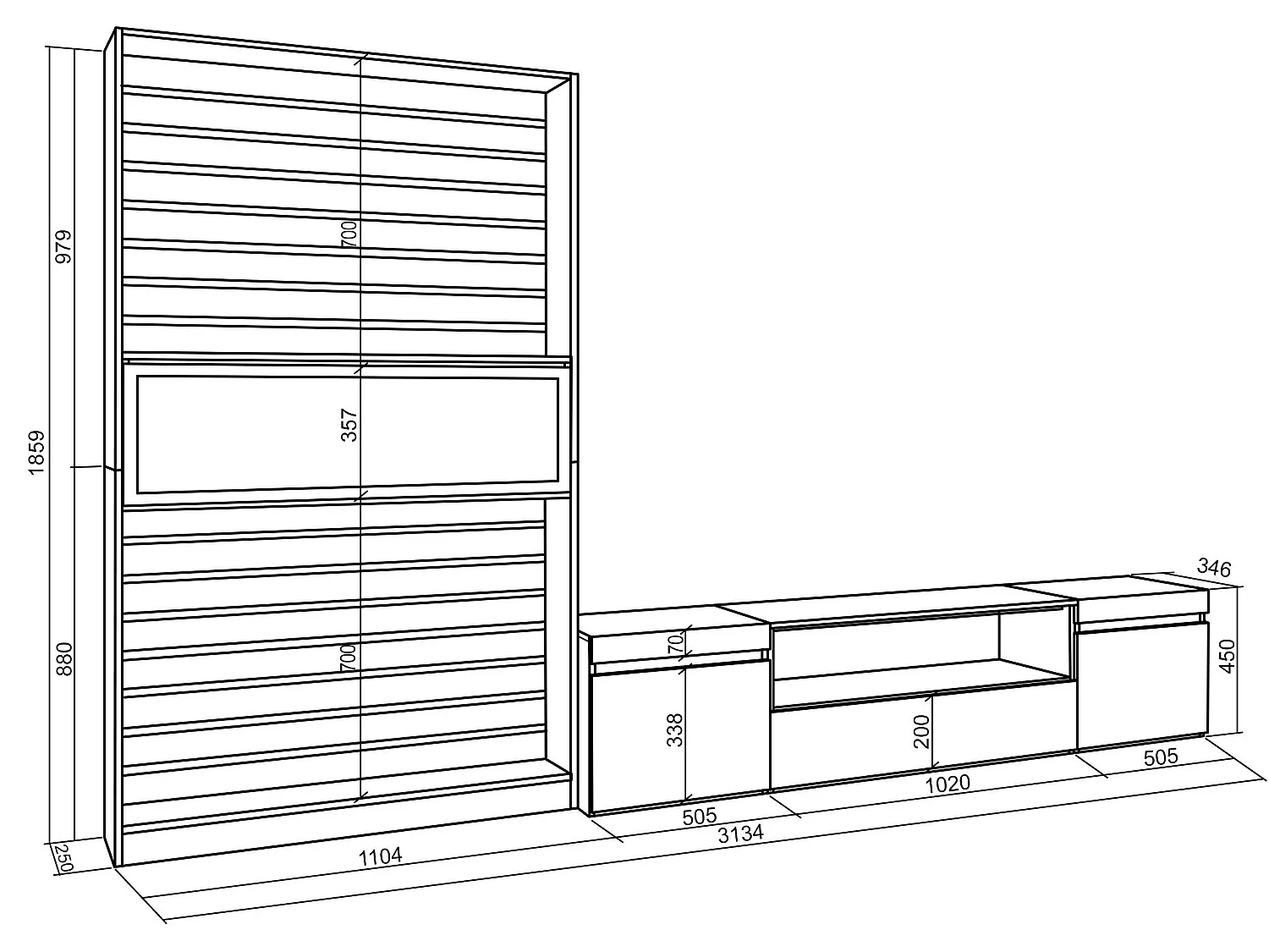 Conjunto de móveis TV, 310x186x35cm, Para televisores até 80", Lareira eléctrica, Cimento