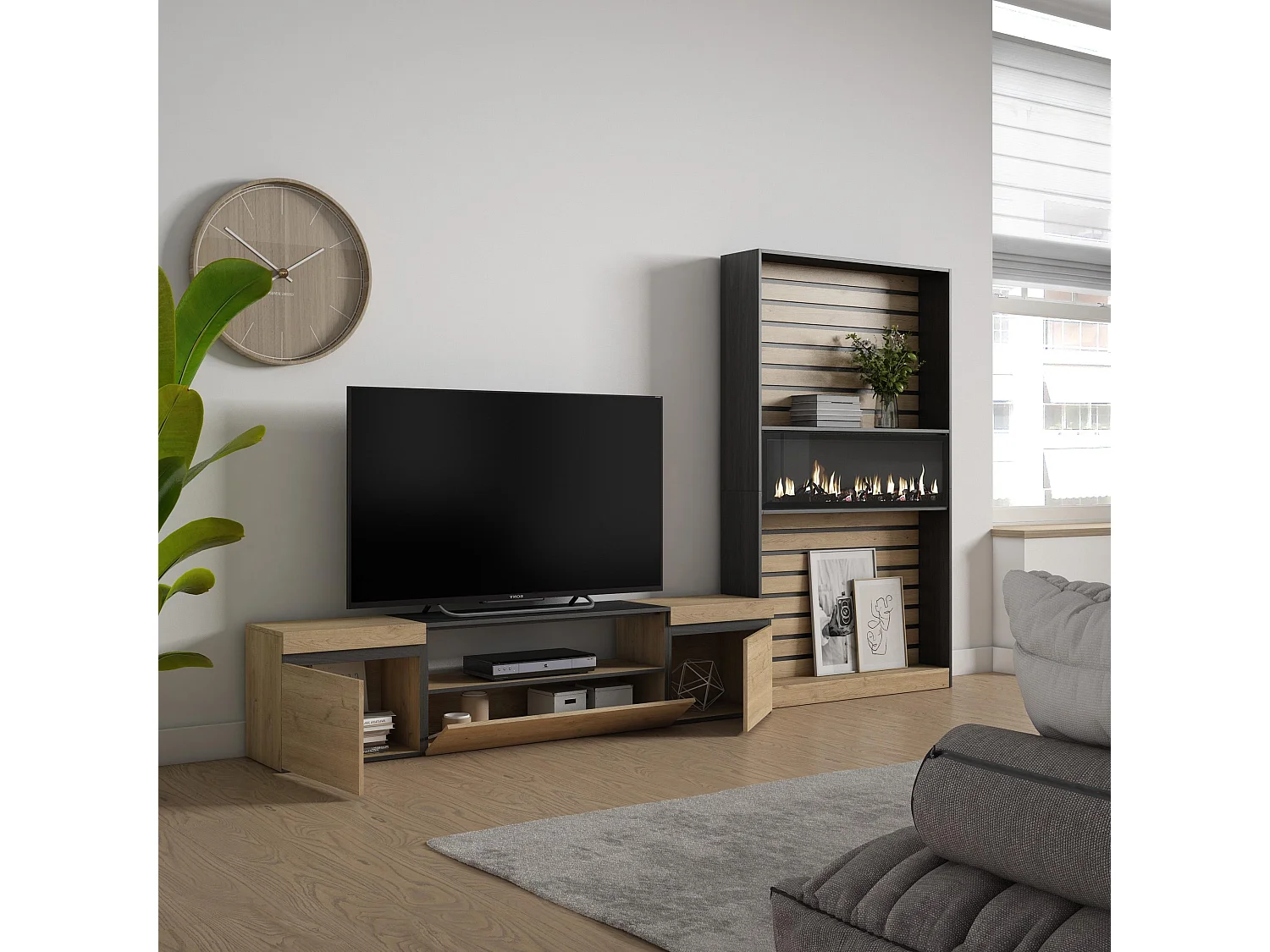 Ensemble Meuble TV, 310x35x186cm, Pour les TV jusqu'à 80", Cheminée électrique, Chêne et noir