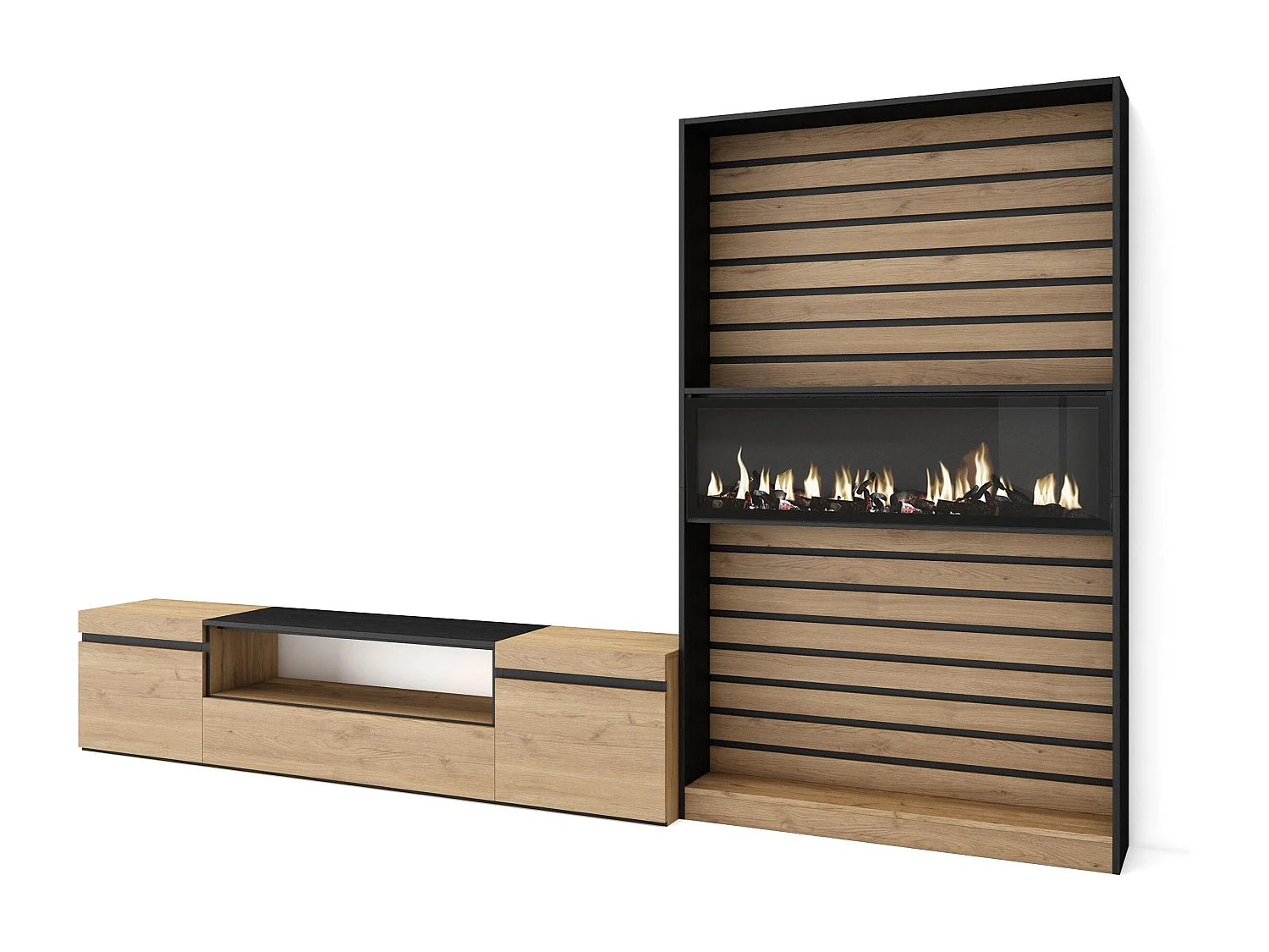 Ensemble Meuble TV, 310x35x186cm, Pour les TV jusqu'à 80", Cheminée électrique, Chêne et noir