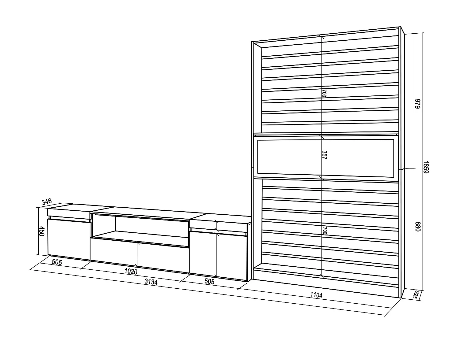 Ensemble Meuble TV, 310x35x186cm, Pour les TV jusqu'à 80", Cheminée électrique, Chêne et noir