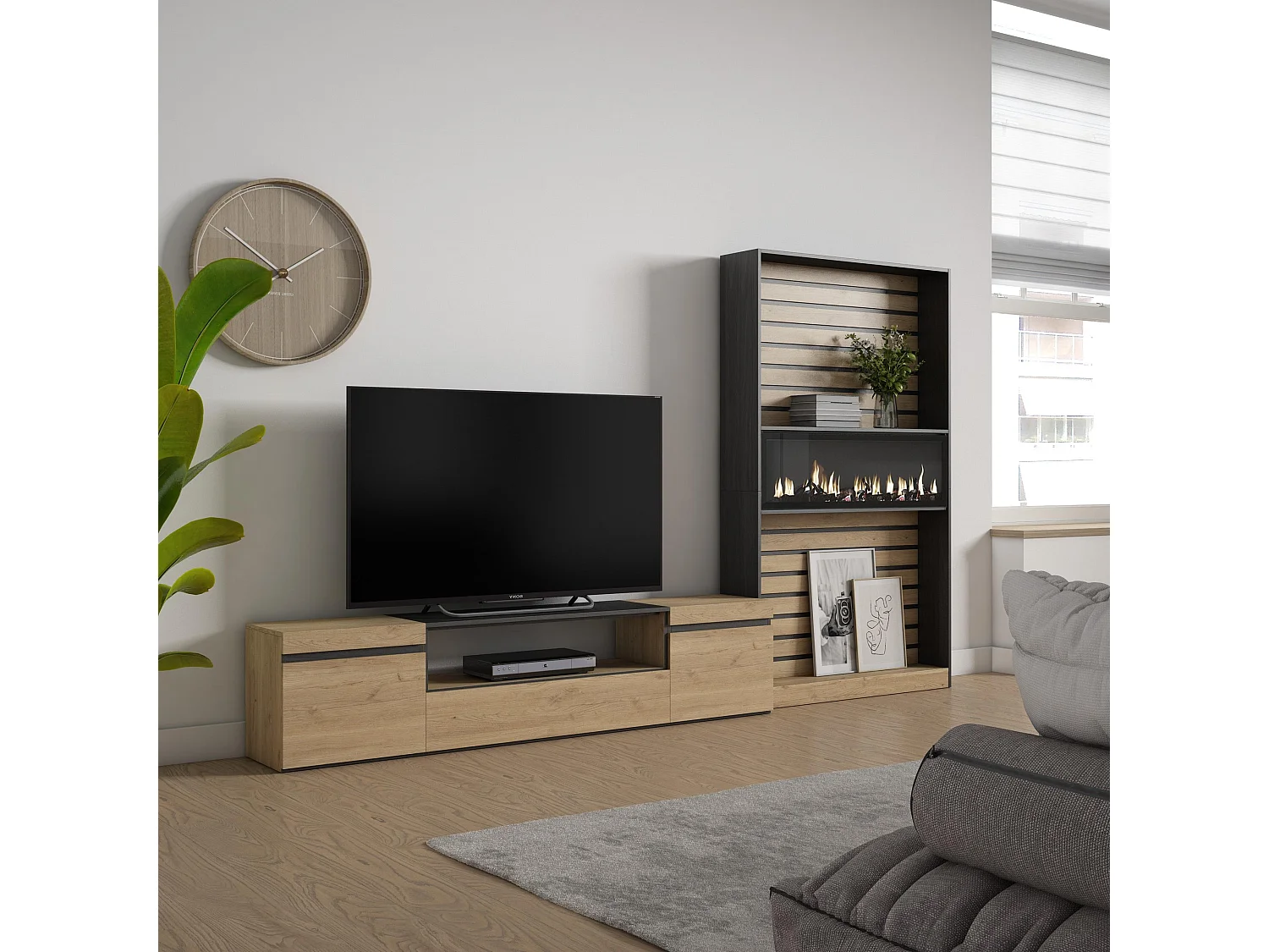 Ensemble Meuble TV, 310x35x186cm, Pour les TV jusqu'à 80", Cheminée électrique, Chêne et noir