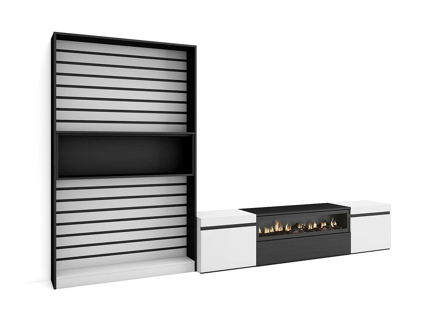 Meubels voor woonkamer, 310x35x186cm, Voor tv's tot 80", Elektrische haard, Wit en Zwart