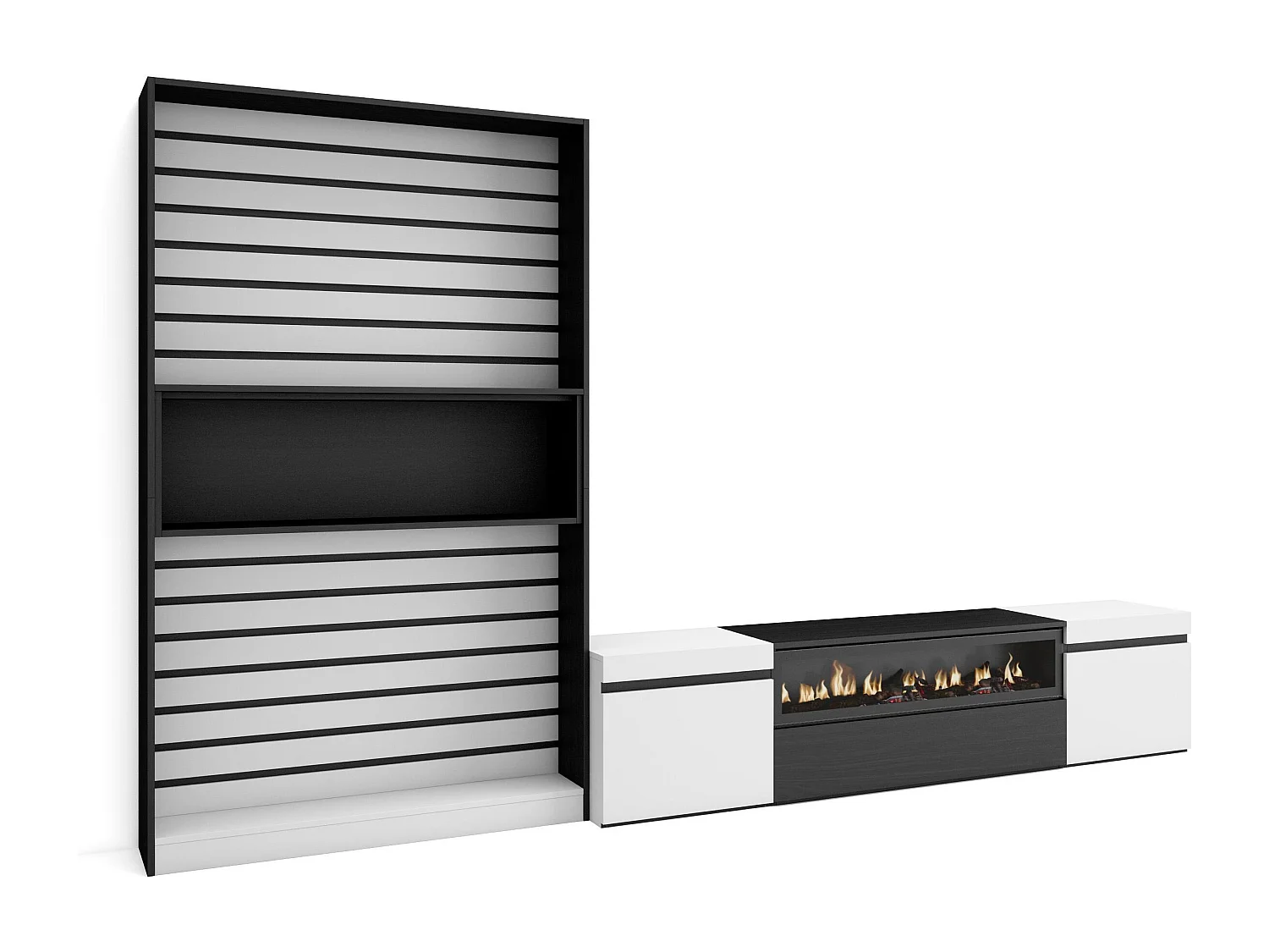 Meubels voor woonkamer, 310x35x186cm, Voor tv's tot 80", Elektrische haard, Wit en Zwart