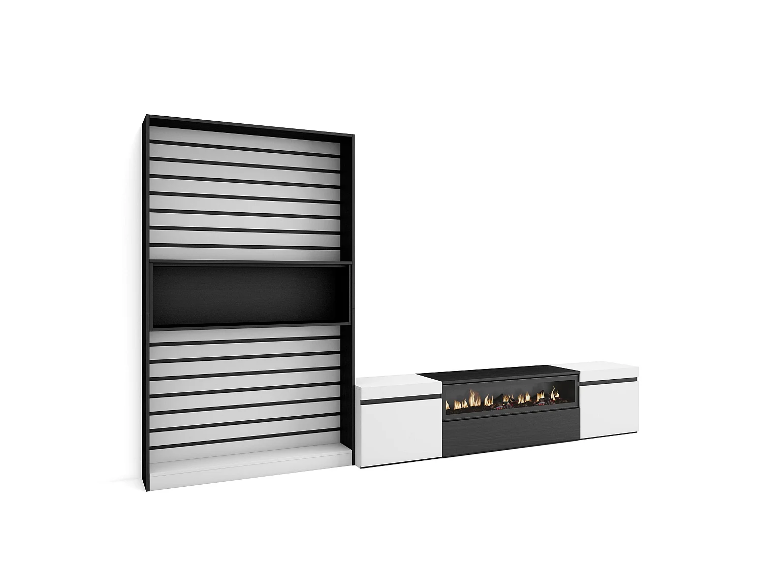 Wohnwand Wohnzimmer, 310x35x186cm, Für TV-Geräte bis zu 80", Elektrokamin. , Weiß und Schwarz