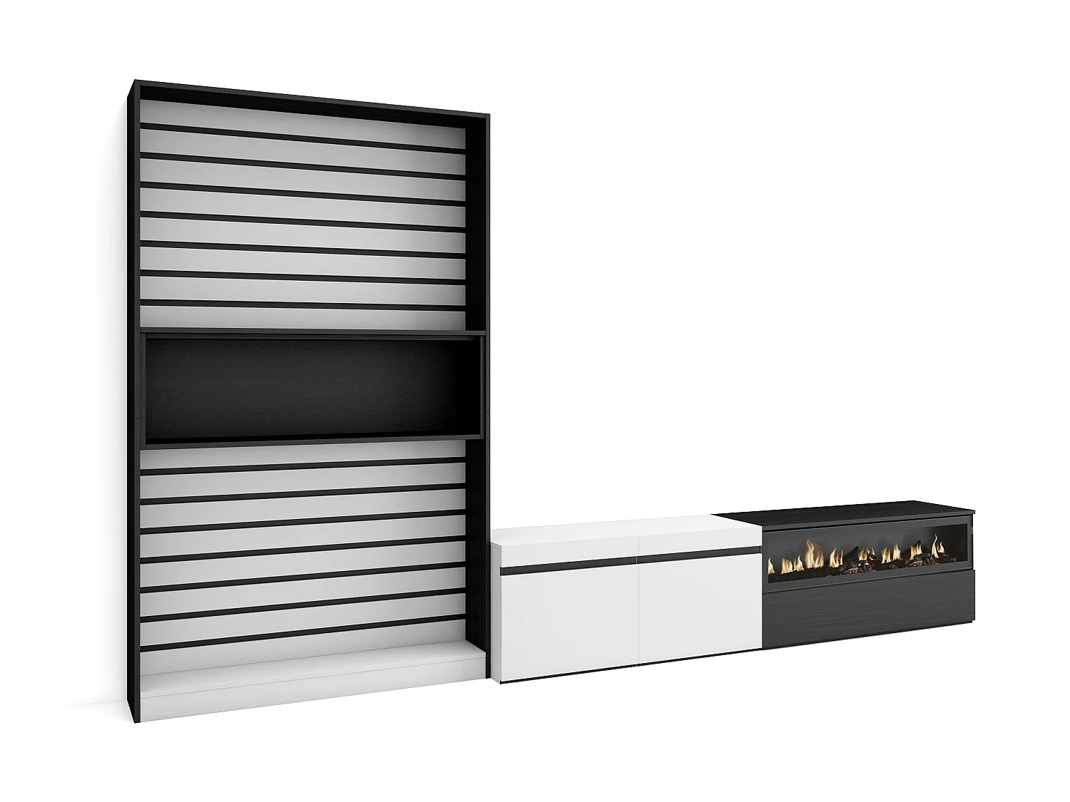 Ensemble Meuble TV, 310x35x186cm, Pour les TV jusqu'à 80", Cheminée électrique, Blanc et noir