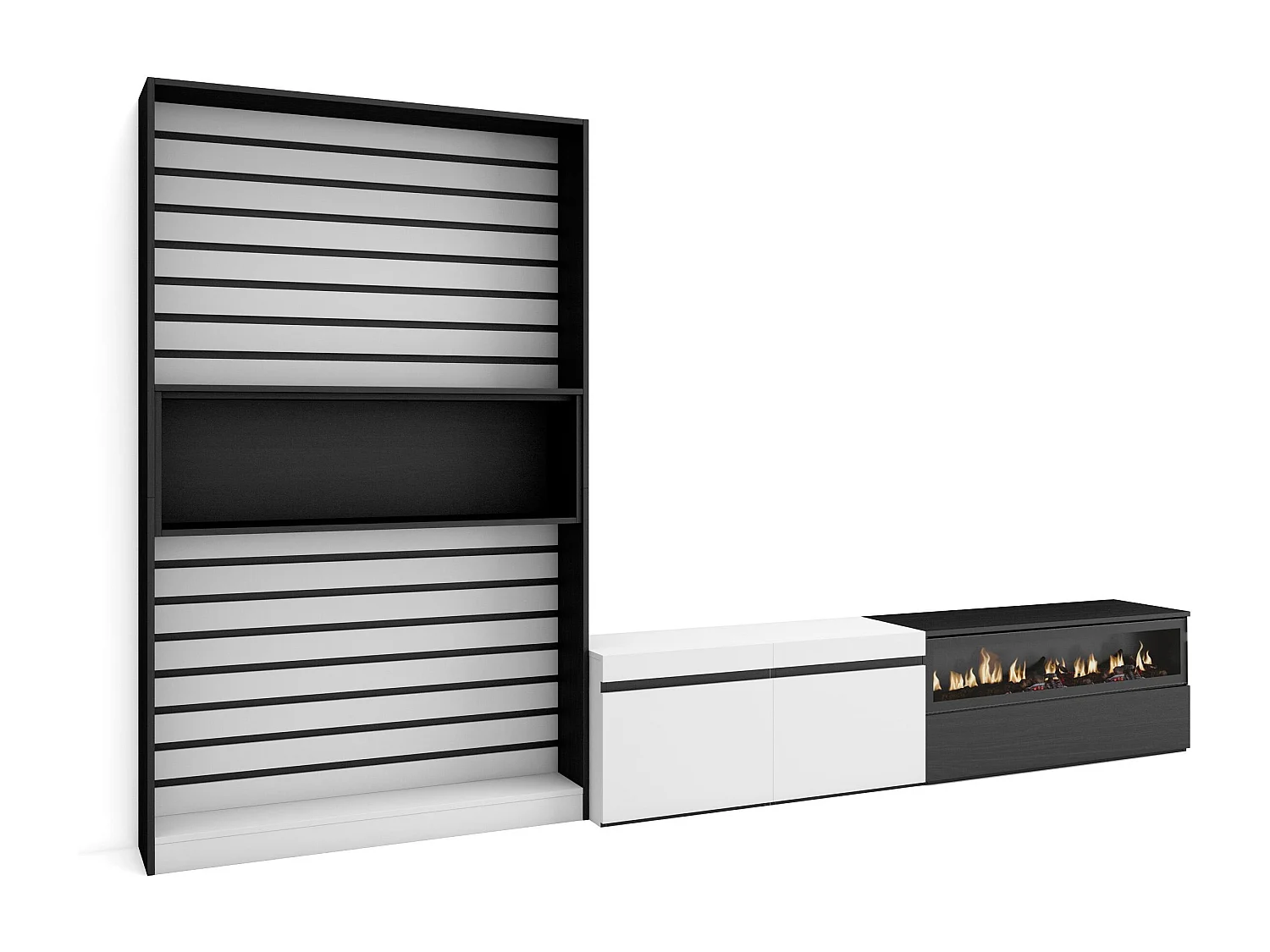 Ensemble Meuble TV, 310x35x186cm, Pour les TV jusqu'à 80", Cheminée électrique, Blanc et noir