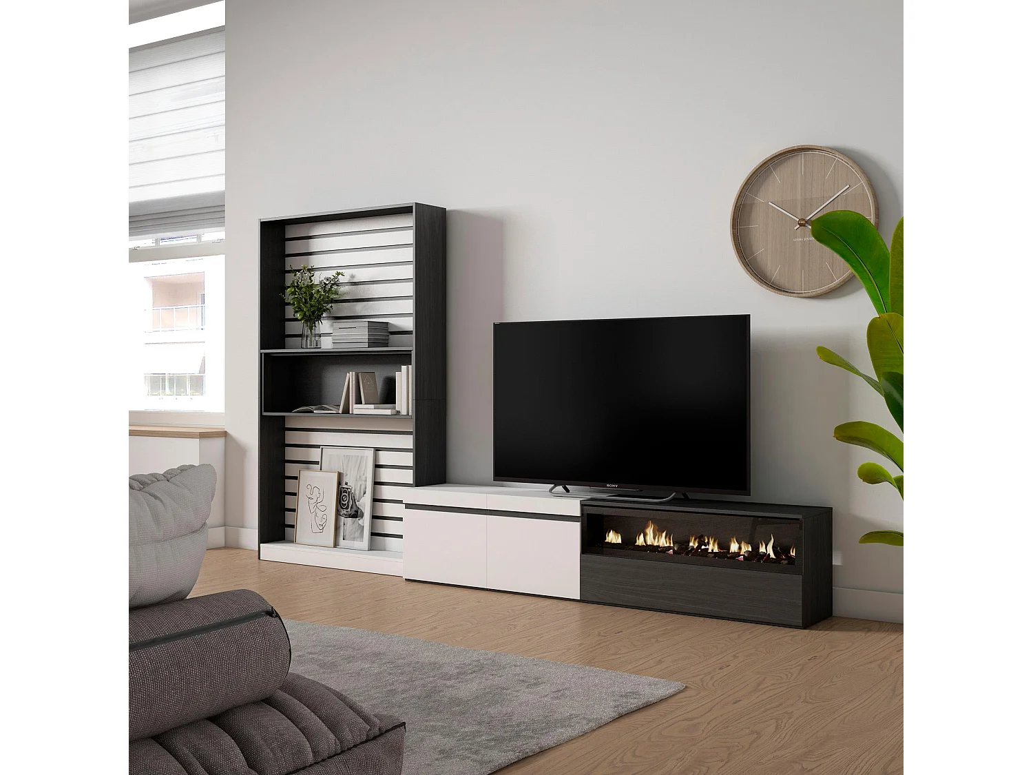 Ensemble Meuble TV, 310x35x186cm, Pour les TV jusqu'à 80", Cheminée électrique, Blanc et noir