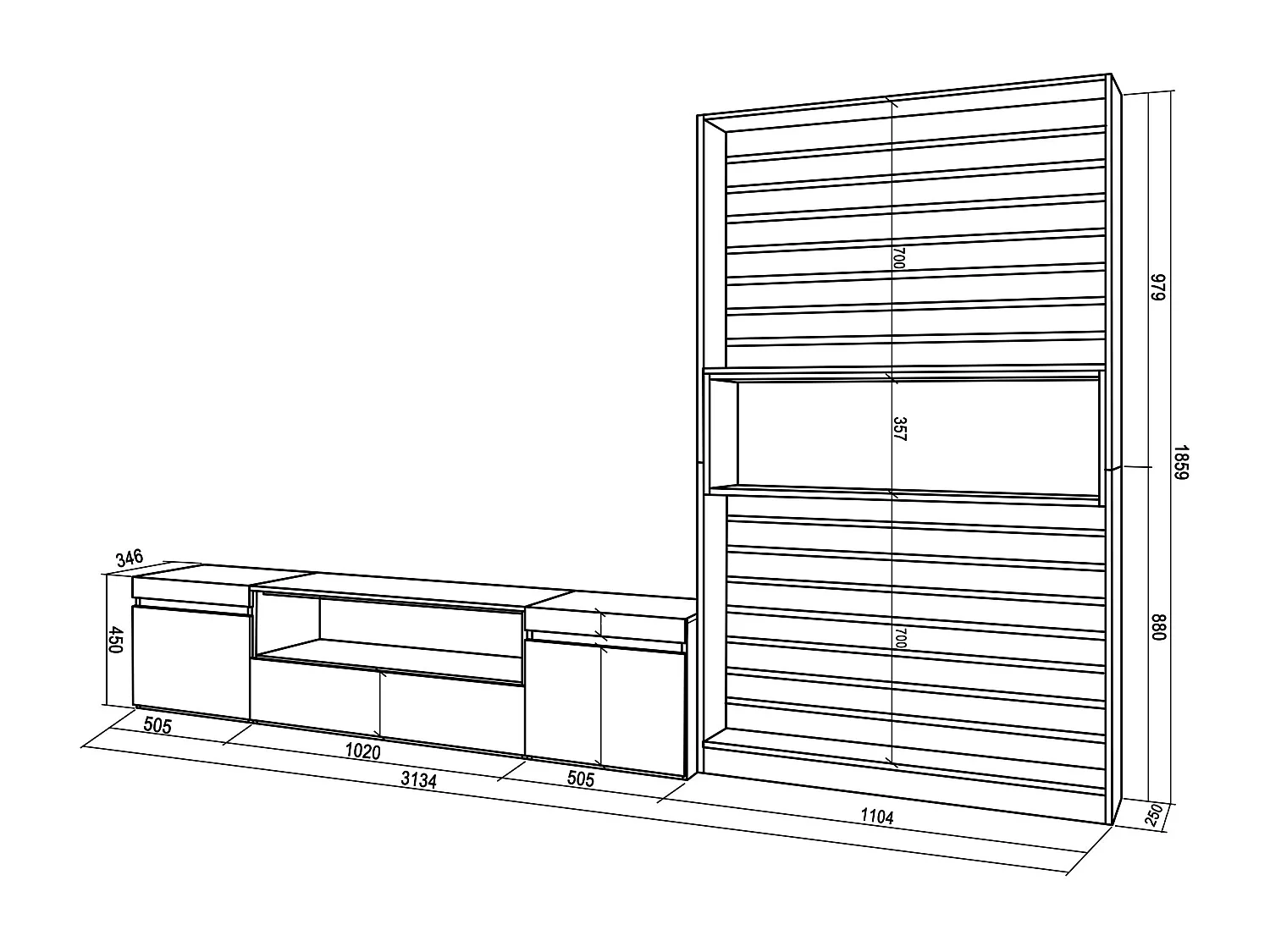 Ensemble Meuble TV, 310x35x186cm, Pour les TV jusqu'à 80", Salon Complet, Blanc et noir