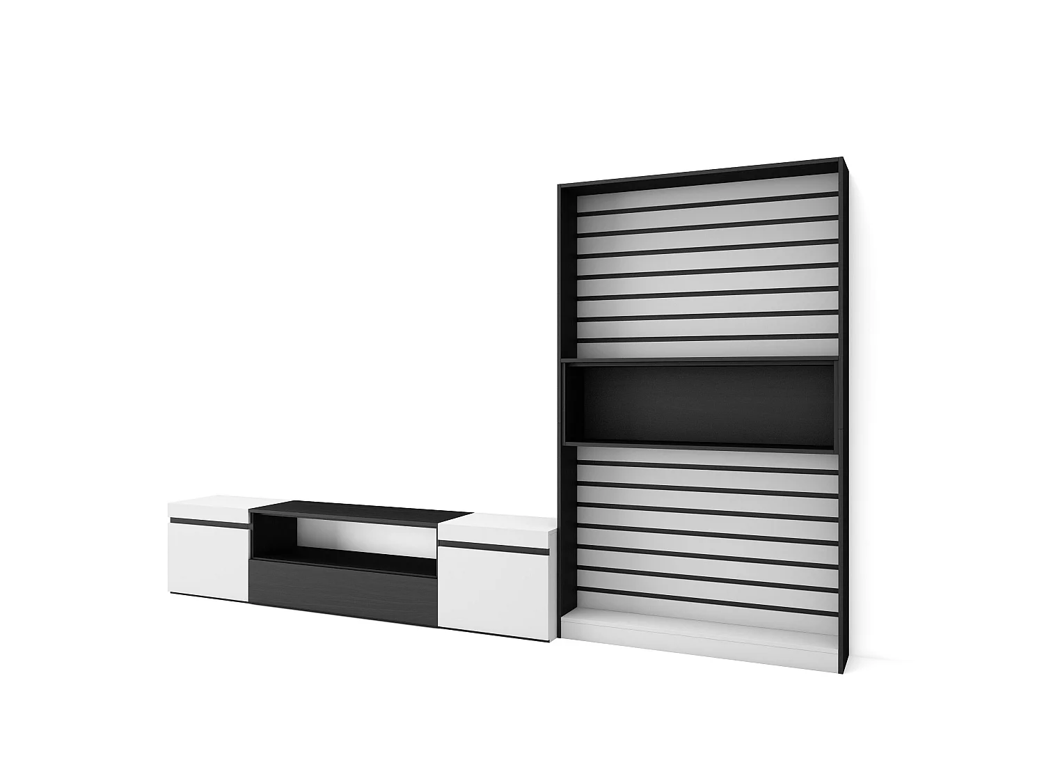 Wohnwand Wohnzimmer, 310x35x186cm, Für TV-Geräte bis zu 80", Wohnzimmer Möbel , Weiß und Schwarz