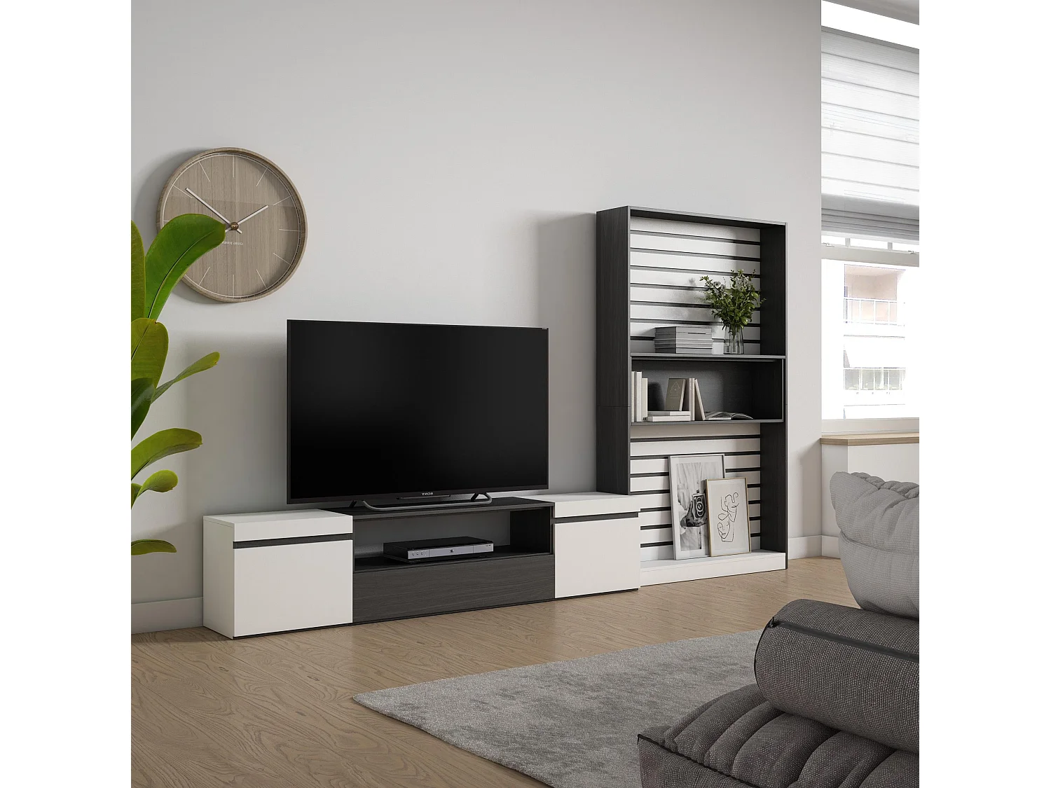 Wohnwand Wohnzimmer, 310x35x186cm, Für TV-Geräte bis zu 80", Wohnzimmer Möbel , Weiß und Schwarz
