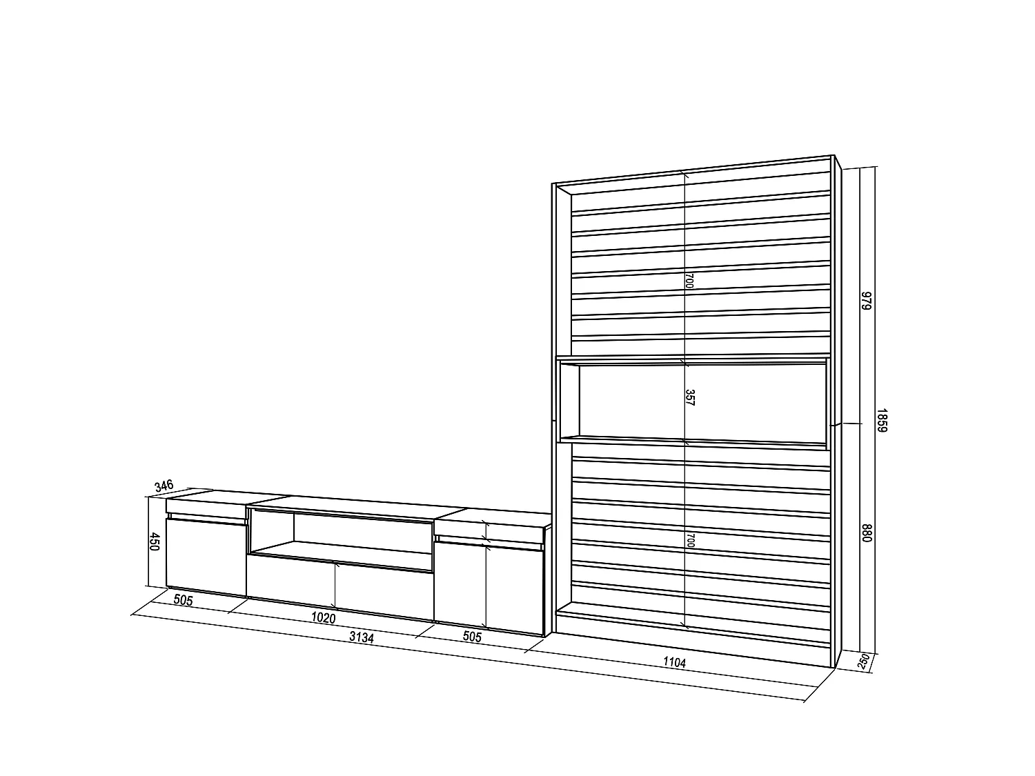 Wohnwand Wohnzimmer, 310x35x186cm, Für TV-Geräte bis zu 80", Wohnzimmer Möbel , Weiß und Schwarz