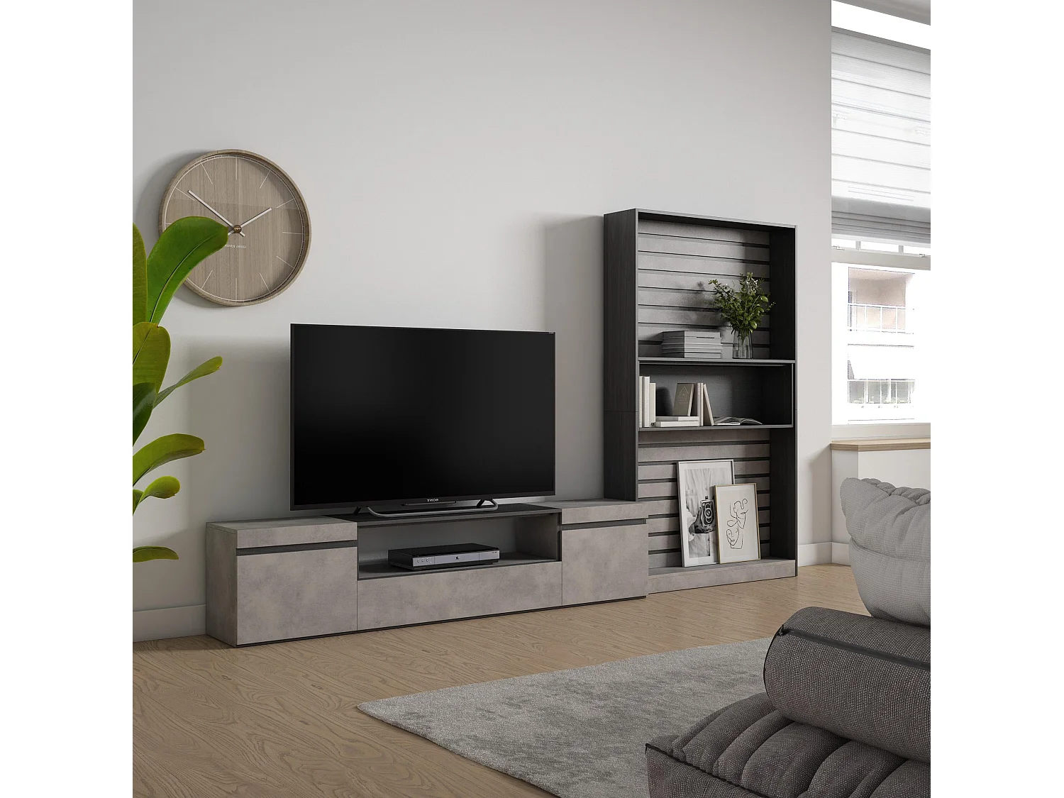 Wohnwand Wohnzimmer, 310x186x35cm, Für TV-Geräte bis zu 80", Wohnzimmer Möbel , Zement