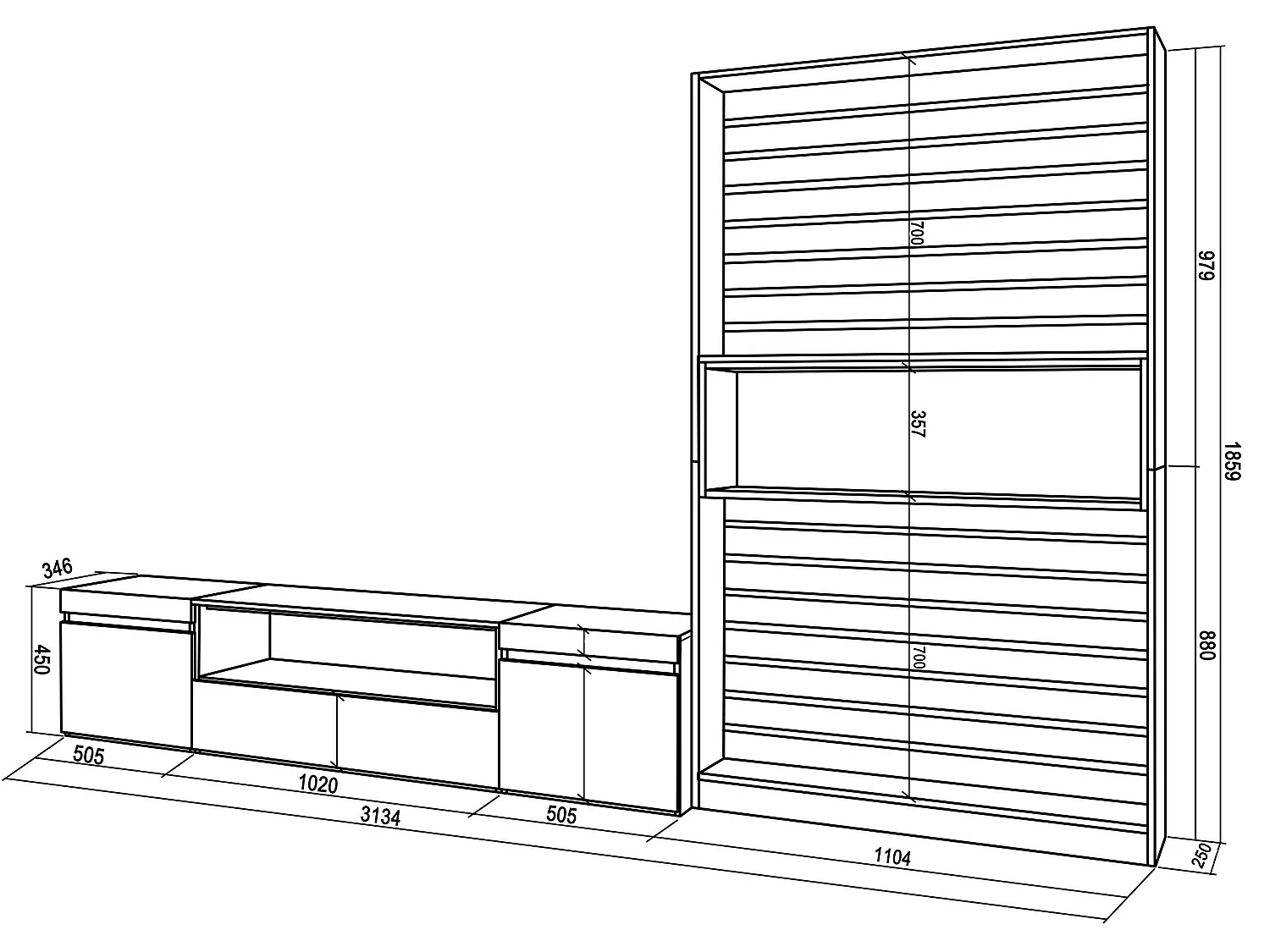 Wohnwand Wohnzimmer, 310x186x35cm, Für TV-Geräte bis zu 80", Wohnzimmer Möbel , Zement