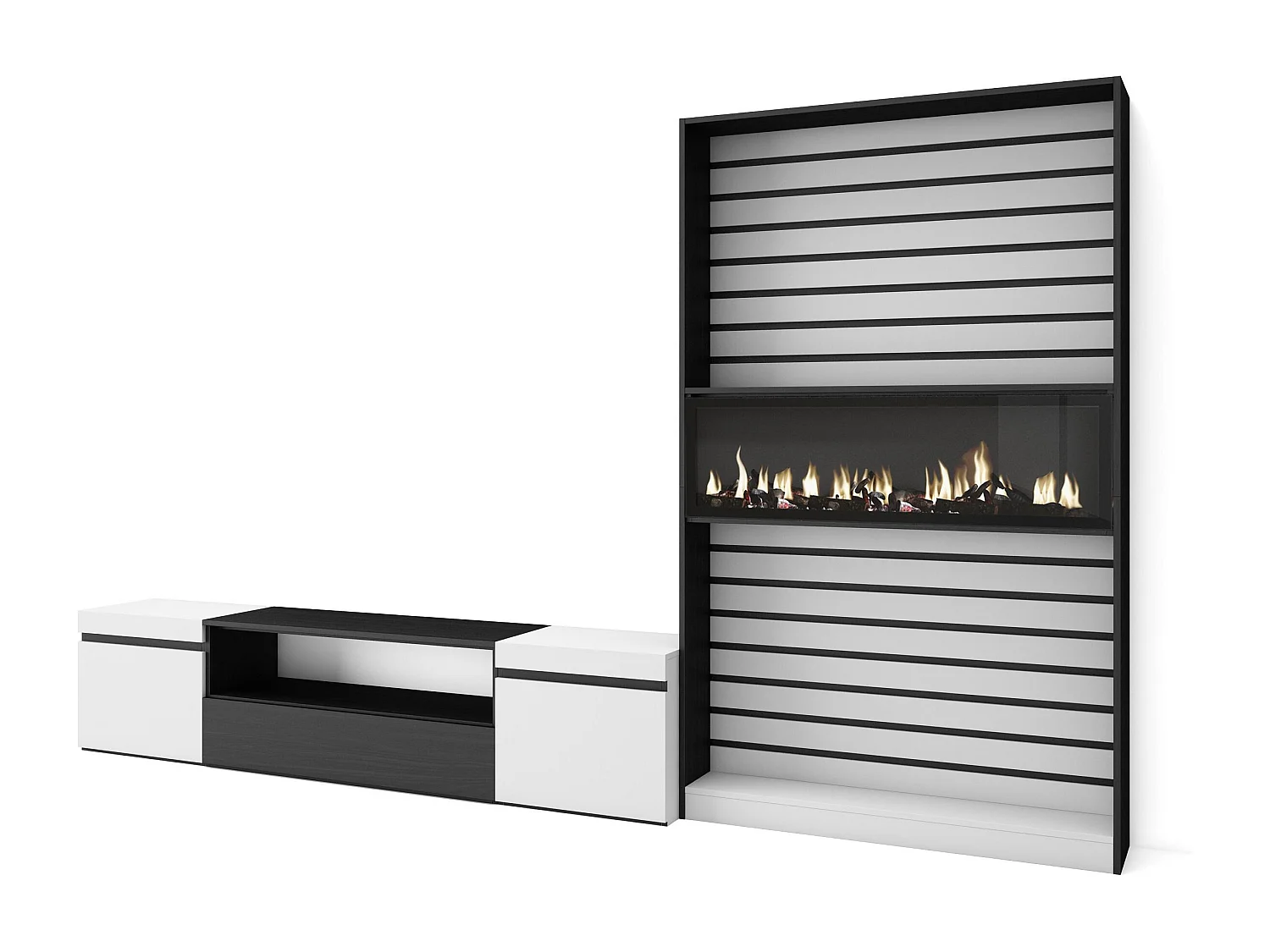 Ensemble Meuble TV, 310x35x186cm, Pour les TV jusqu'à 80", Cheminée électrique, Blanc et noir