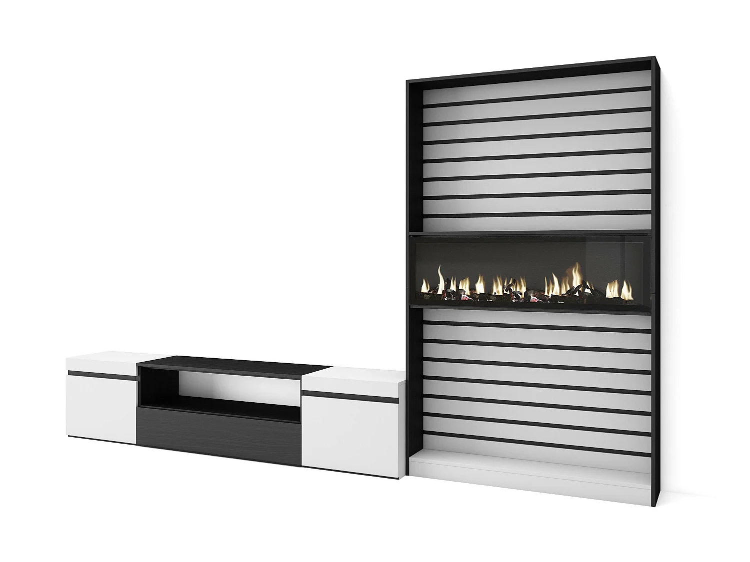 Ensemble Meuble TV, 310x35x186cm, Pour les TV jusqu'à 80", Cheminée électrique, Blanc et noir
