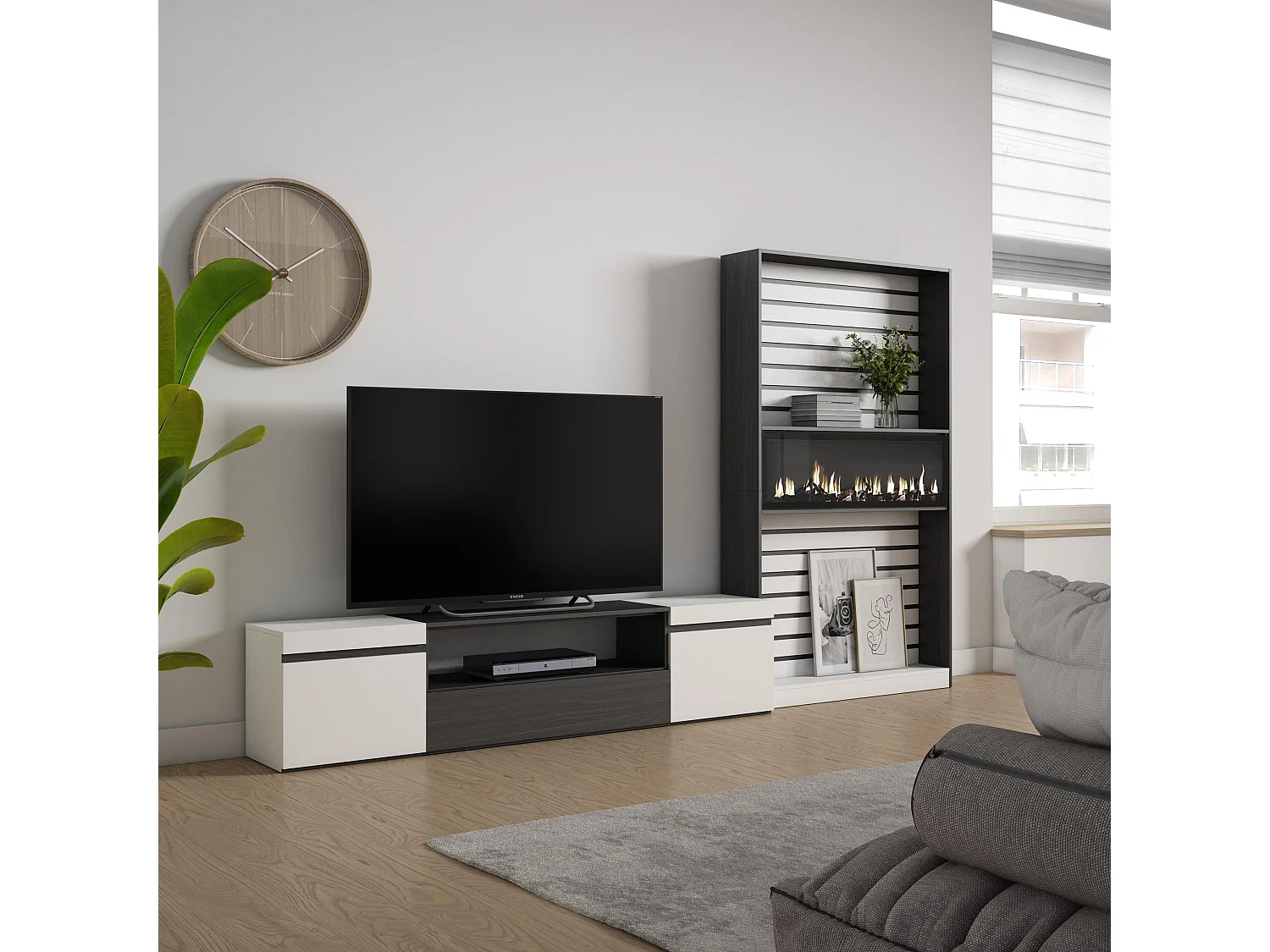 Meubels voor woonkamer, 310x35x186cm, Voor tv's tot 80", Elektrische haard, Wit en Zwart