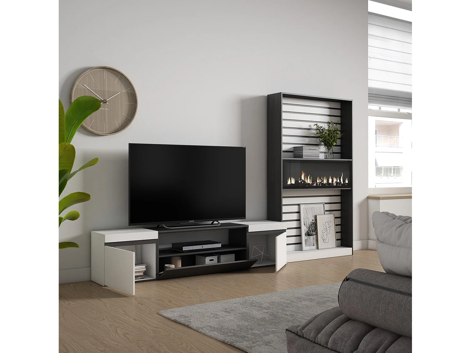 Meubels voor woonkamer, 310x35x186cm, Voor tv's tot 80", Elektrische haard, Wit en Zwart