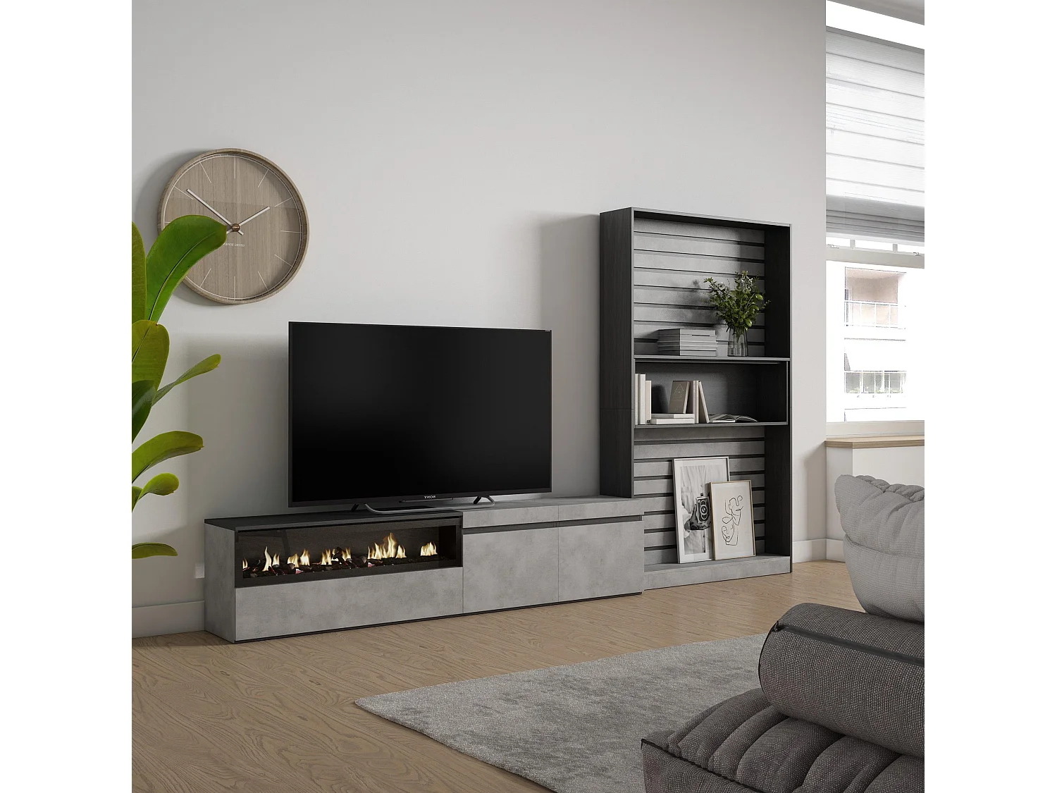 Meubels voor woonkamer, 310x186x35cm, Voor tv's tot 80", Elektrische haard, Cement