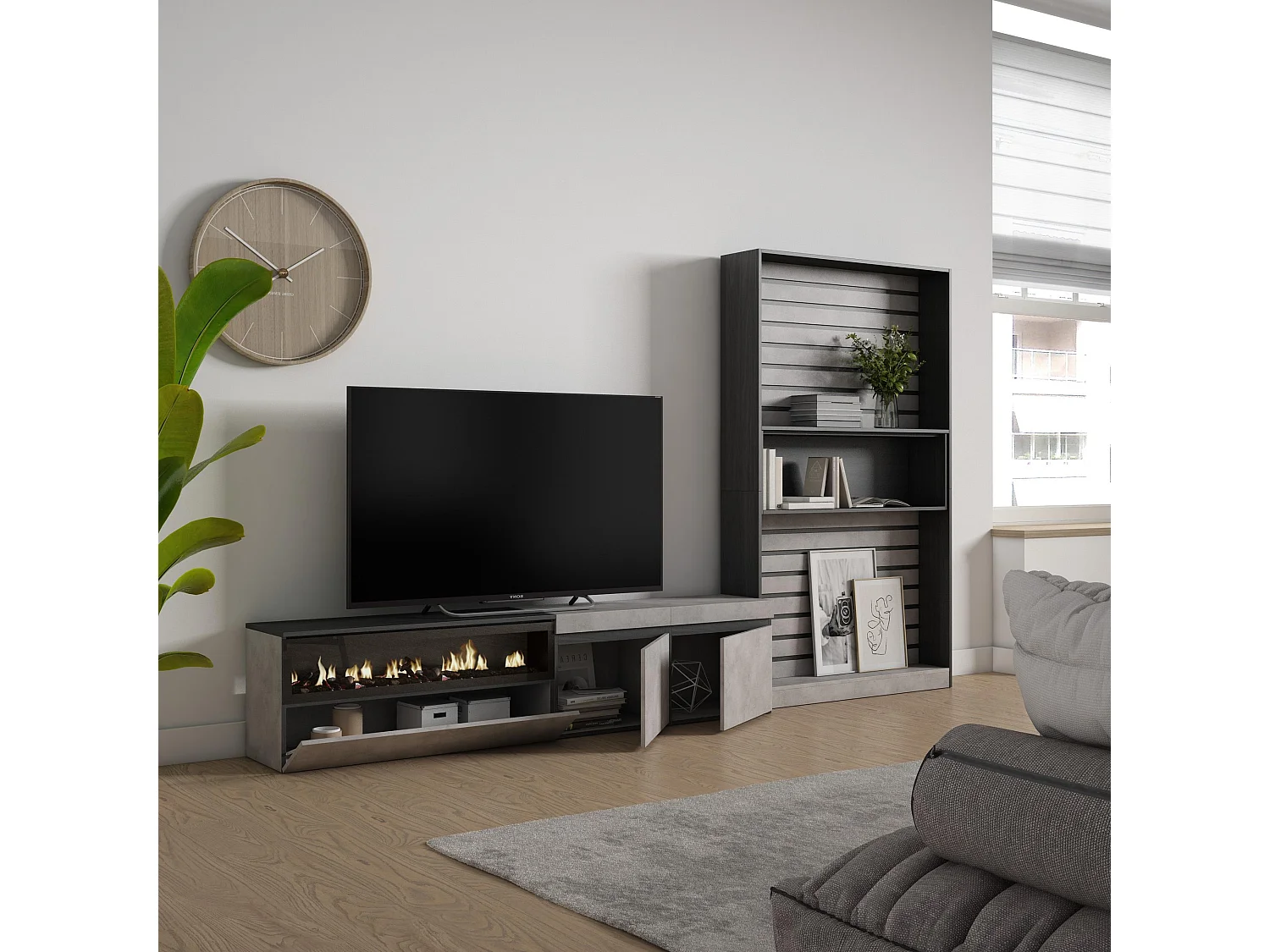 Meubels voor woonkamer, 310x186x35cm, Voor tv's tot 80", Elektrische haard, Cement