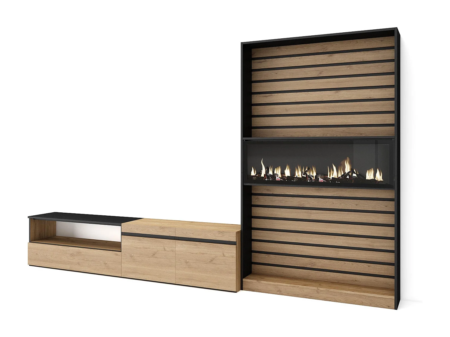 Meubels voor woonkamer, 310x35x186cm, Voor tv's tot 80", Elektrische haard, Eiken/Zwart