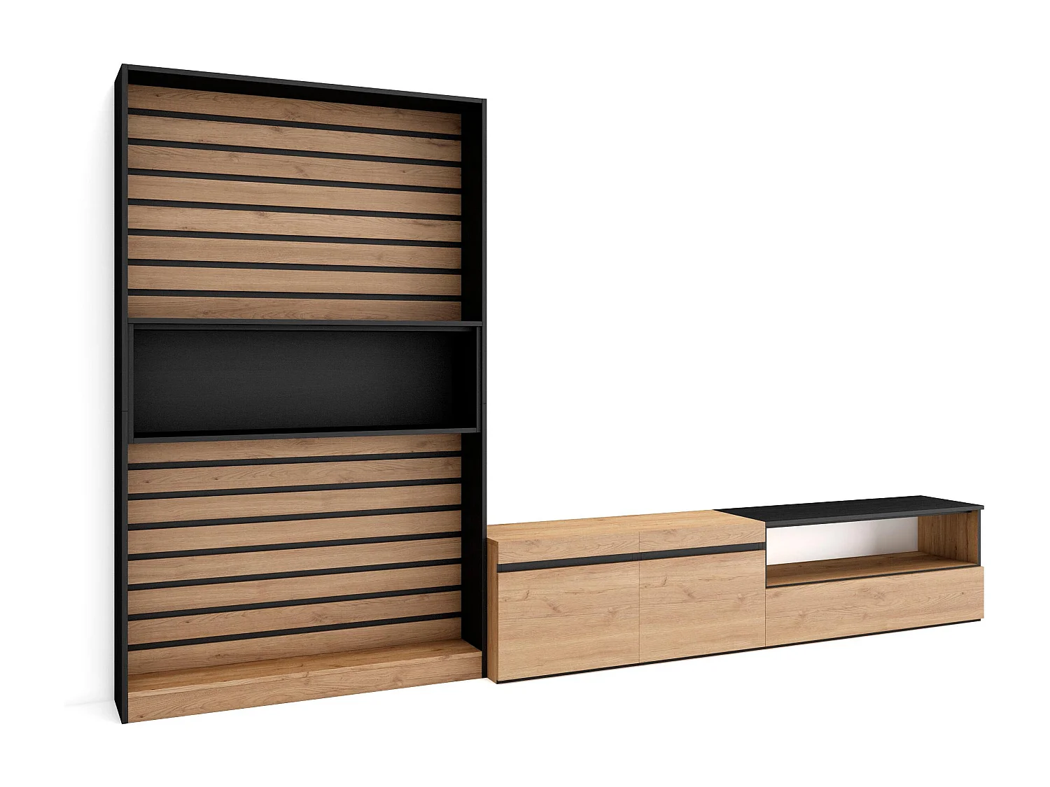 Ensemble Meuble TV, 310x35x186cm, Pour les TV jusqu'à 80", Salon Complet, Chêne et noir