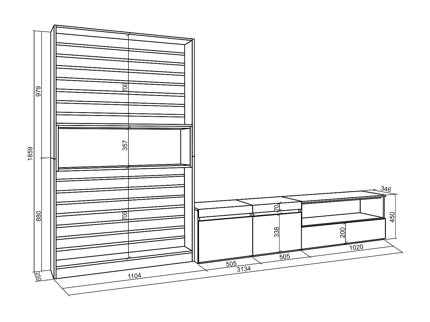Ensemble Meuble TV, 310x35x186cm, Pour les TV jusqu'à 80", Salon Complet, Chêne et noir